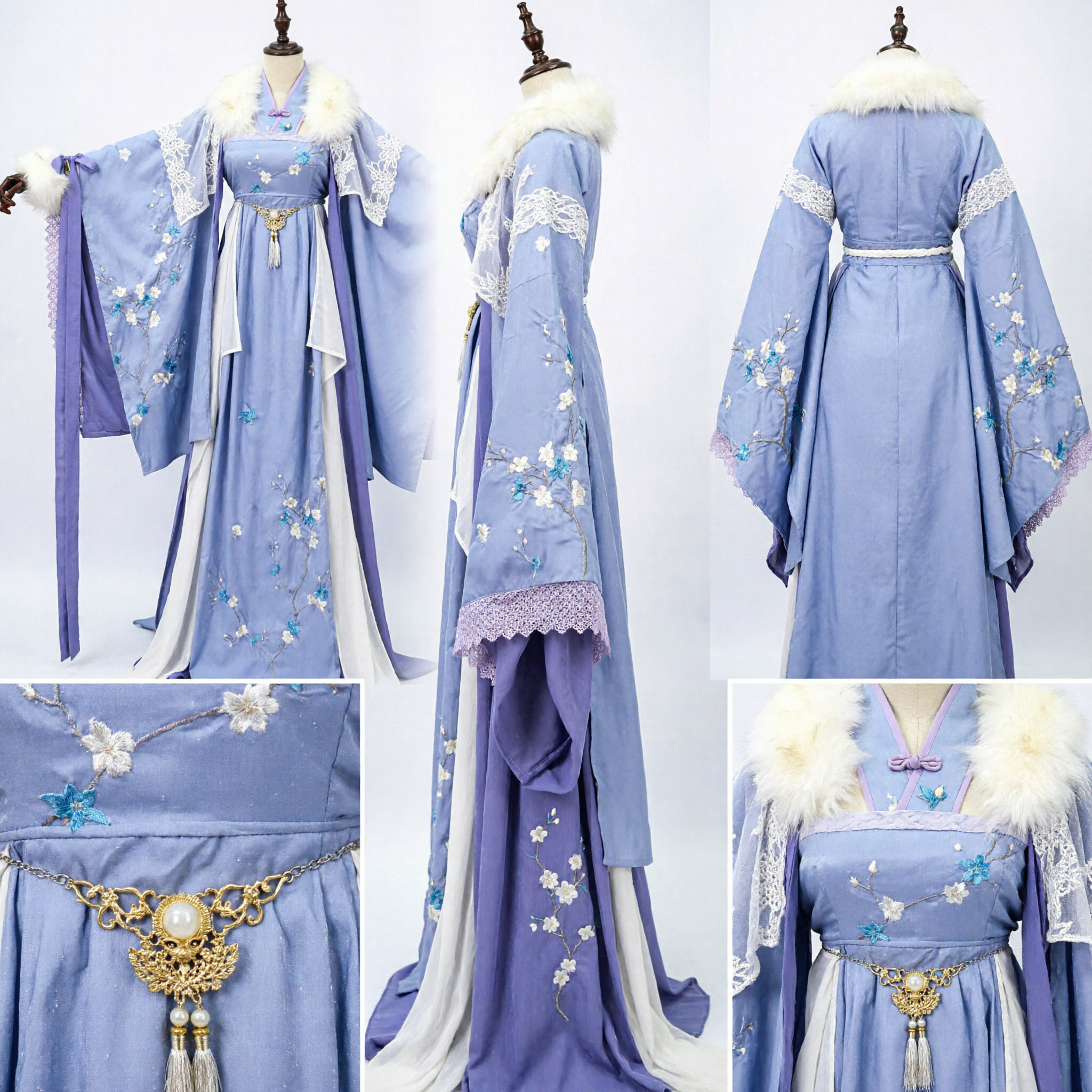 Women's Traditional Chinese Hanfu Winter Costume Purple Embroidered Dress with White Fur Trim for Cosplay - Asian Costume
