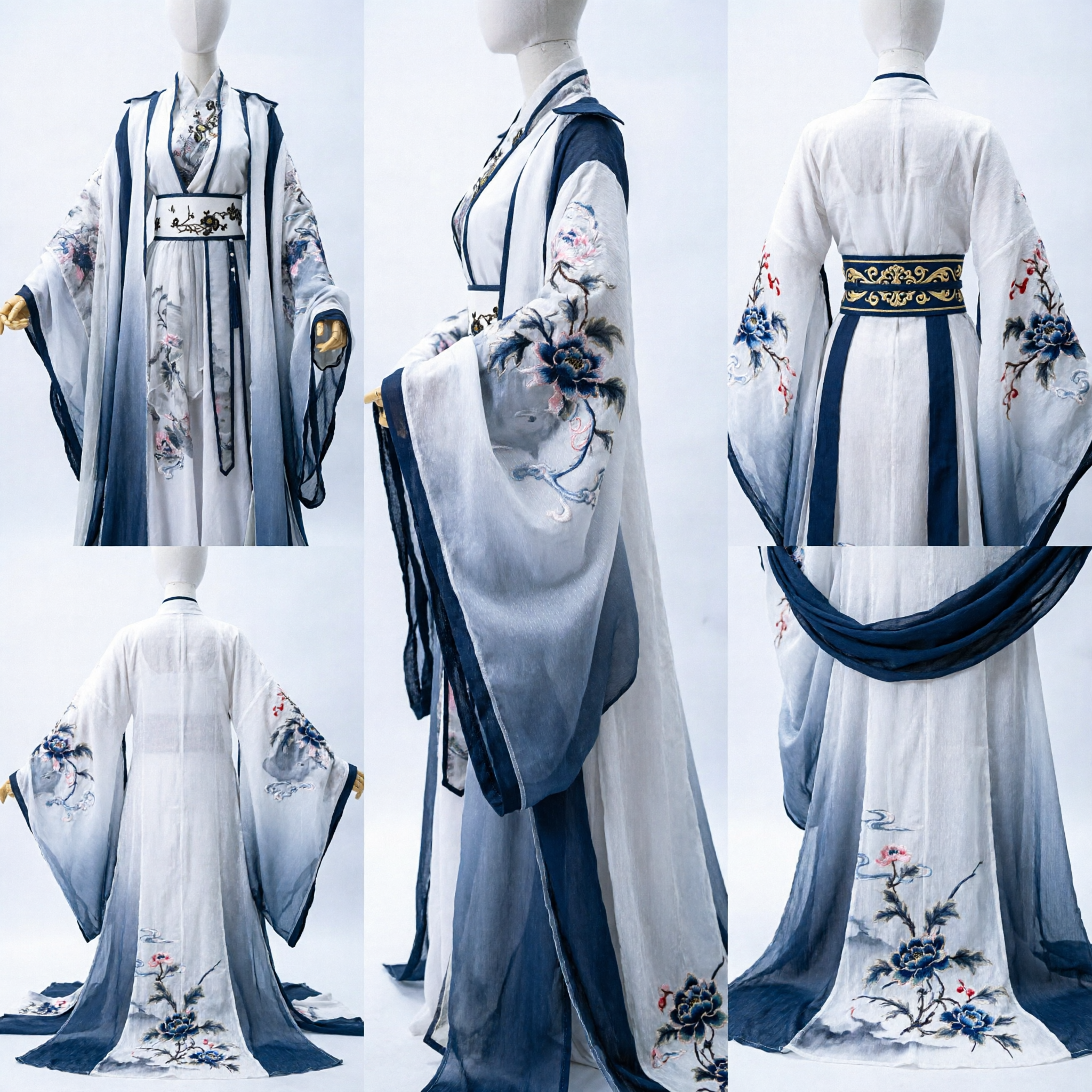 Elegant Chinese Hanfu Traditional Costume Ink Wash Floral Embroidery Wide Sleeve Robe for Women Cosplay - Asian Costume