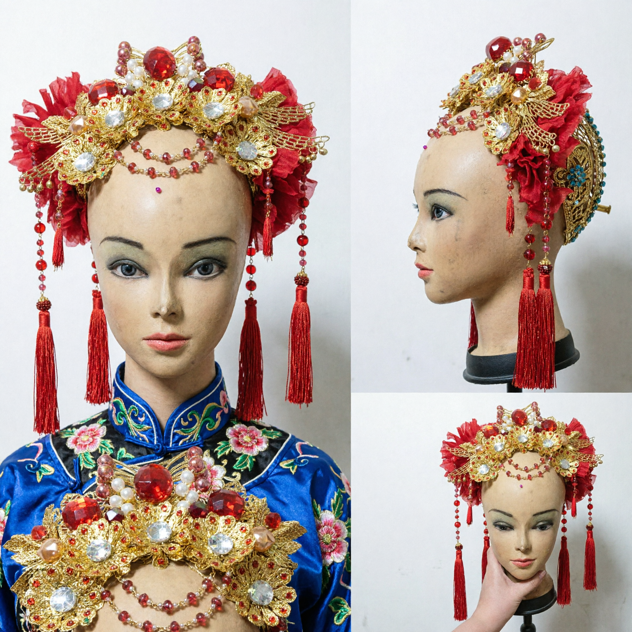 Traditional Chinese Phoenix Crown Gold Headpiece with Red Gems and Tassels for Wedding Hanfu Opera - Asian Costume