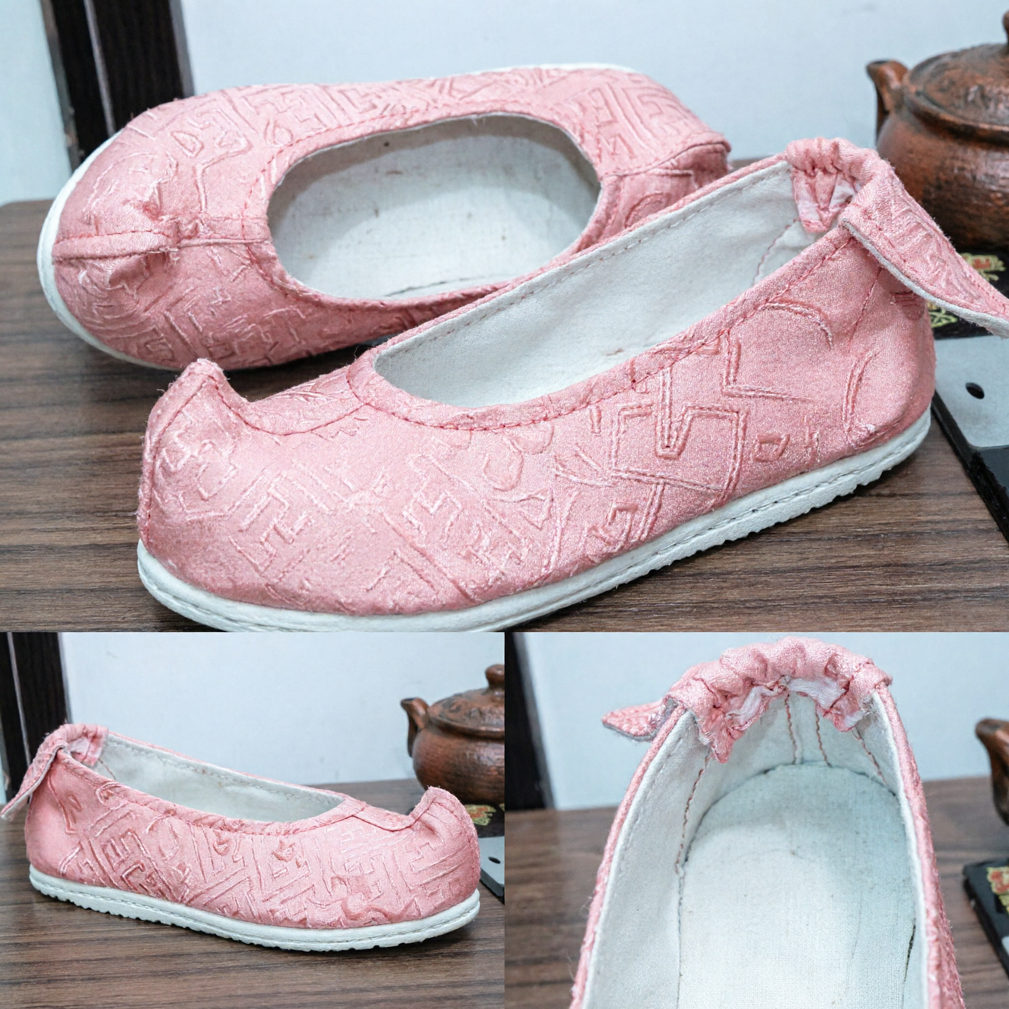 Traditional Chinese Pink Patterned Hanfu Shoes Women Ancient Costume Cotton Cloth Flats for Dance and Wedding - Asian Costume