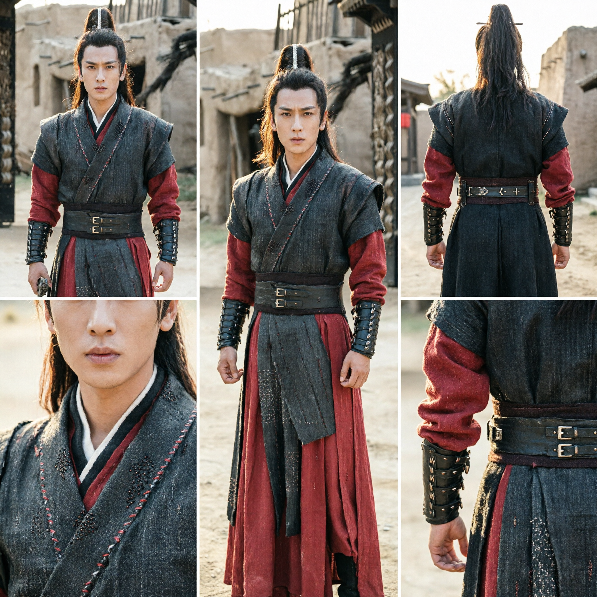 Men's Ancient Chinese Wuxia Swordsman Costume Red and Black Historical Warrior Hanfu for Cosplay - Asian Costume