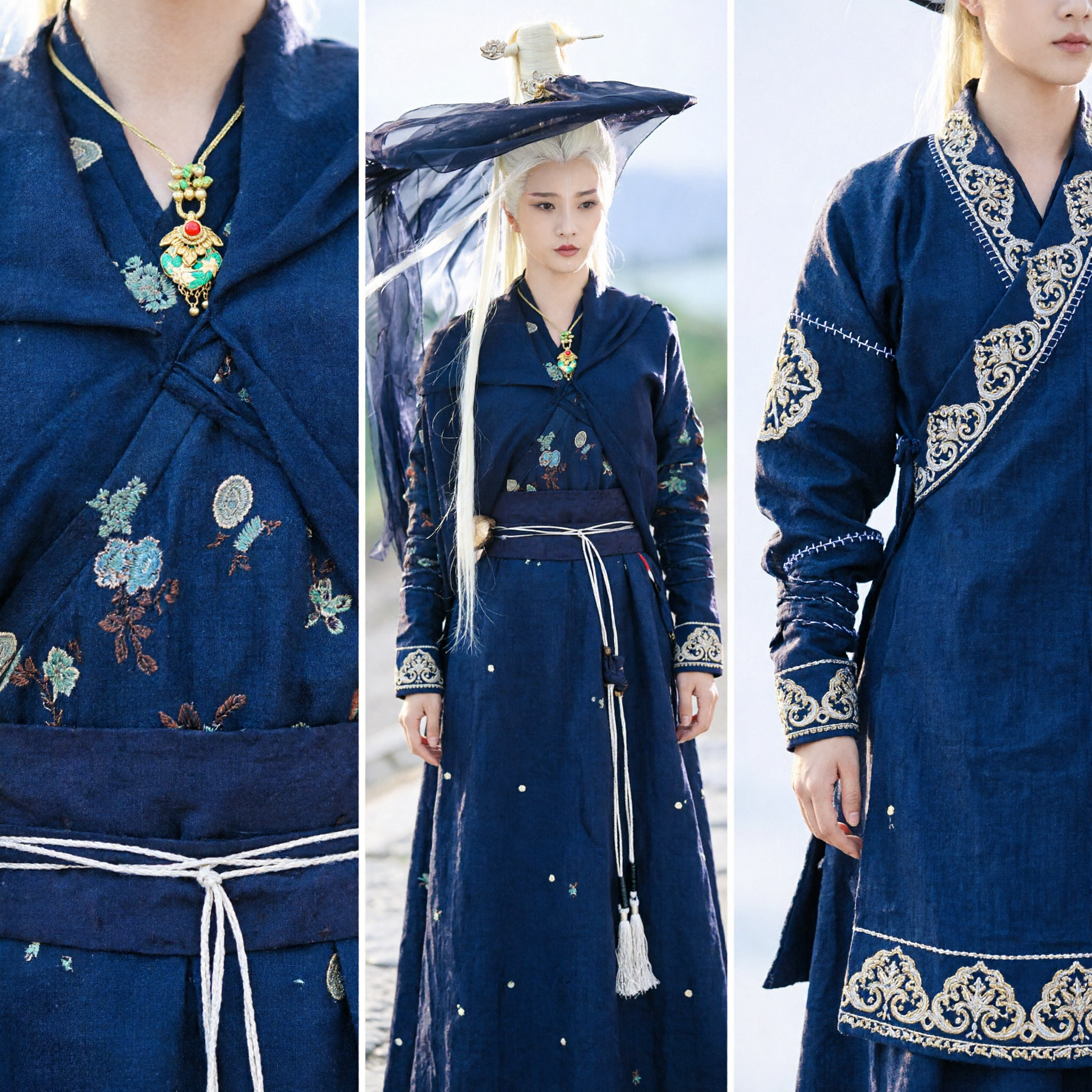 Ancient Chinese Wuxia Swordsman Blue Veil Hat Hanfu Costume for Women Cosplay and Photography - Asian Costume