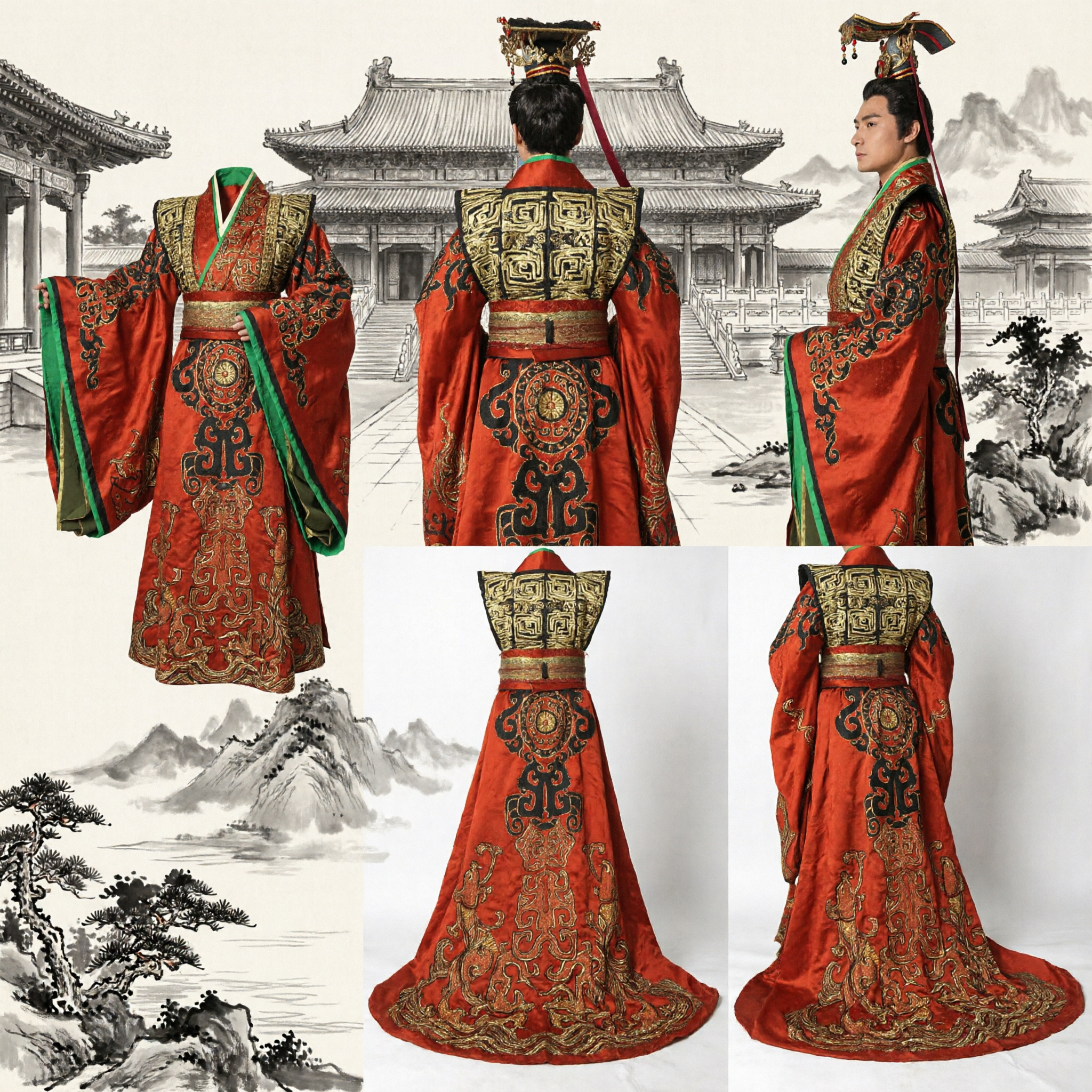 Traditional Men's Ancient Chinese Qin Dynasty Emperor Costume Red Embroidered Robe Hanfu for Stage Performance - Asian Costume