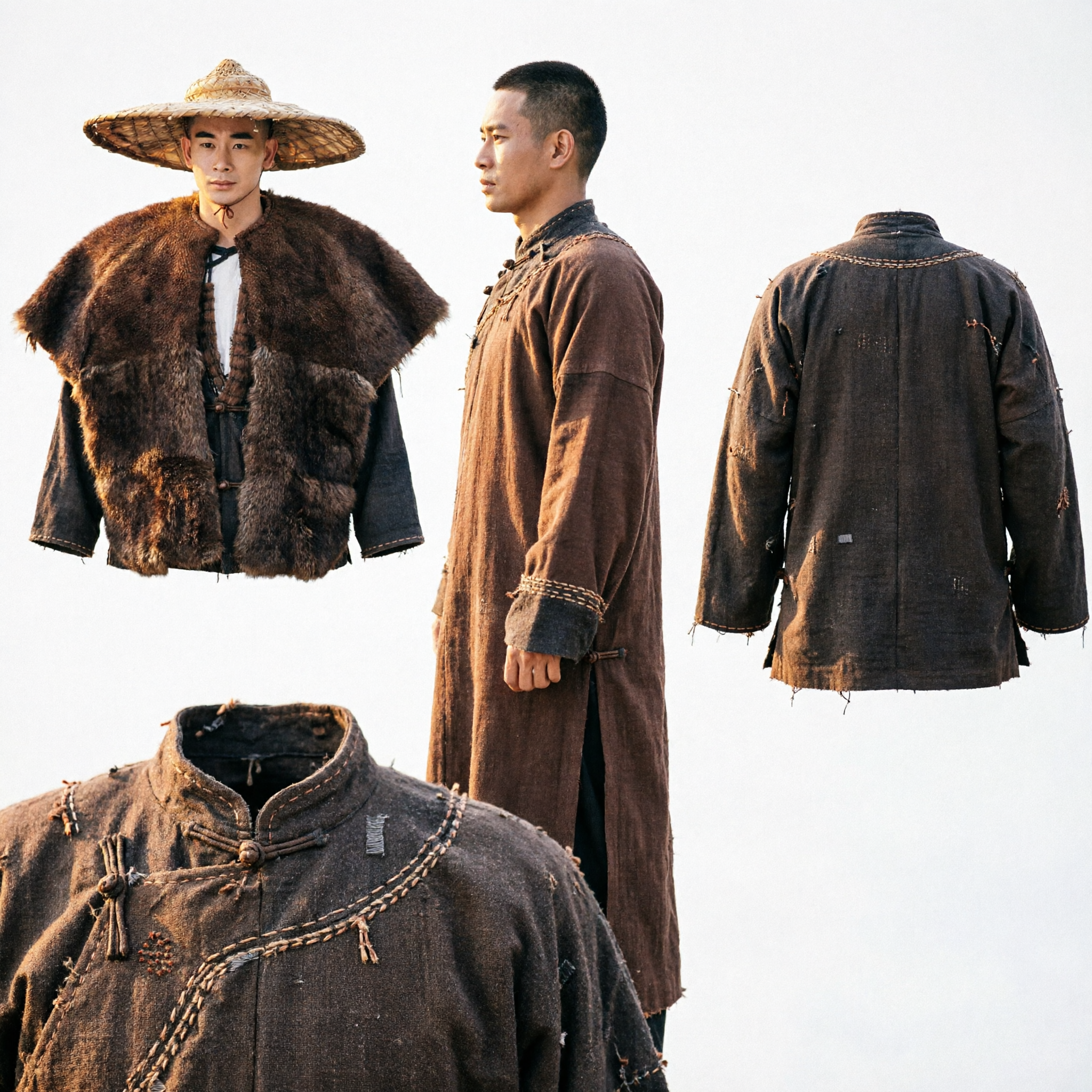 Ancient Chinese Wuxia Swordsman Costume Set with Wide Brim Straw Hat and Brown Cloak for Men Cosplay - Asian Costume