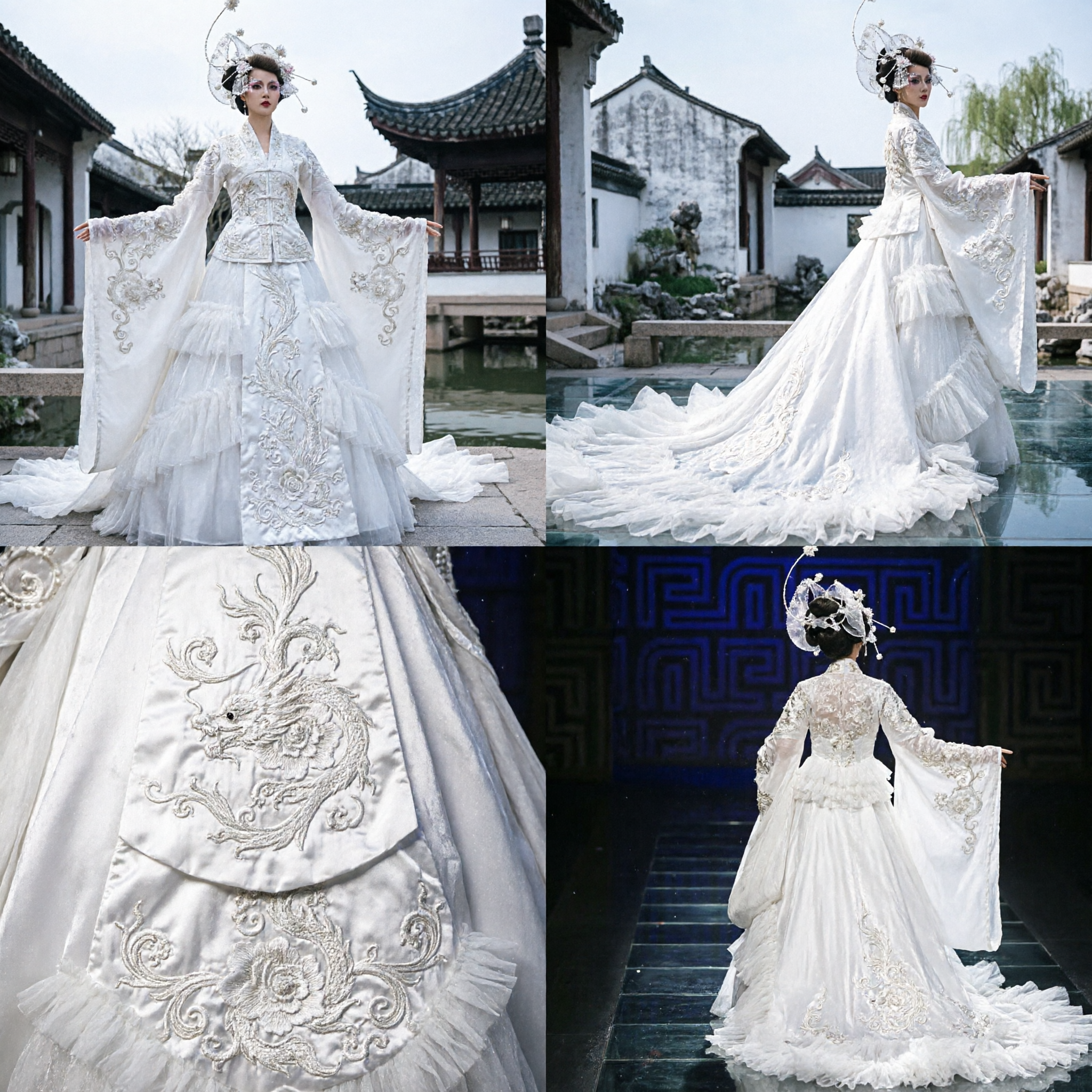 Elegant White Chinese Avant-Garde Bridal Gown with Dramatic Flowing Sleeves and Ornate Headpiece for Stage Performance - Asian Costume