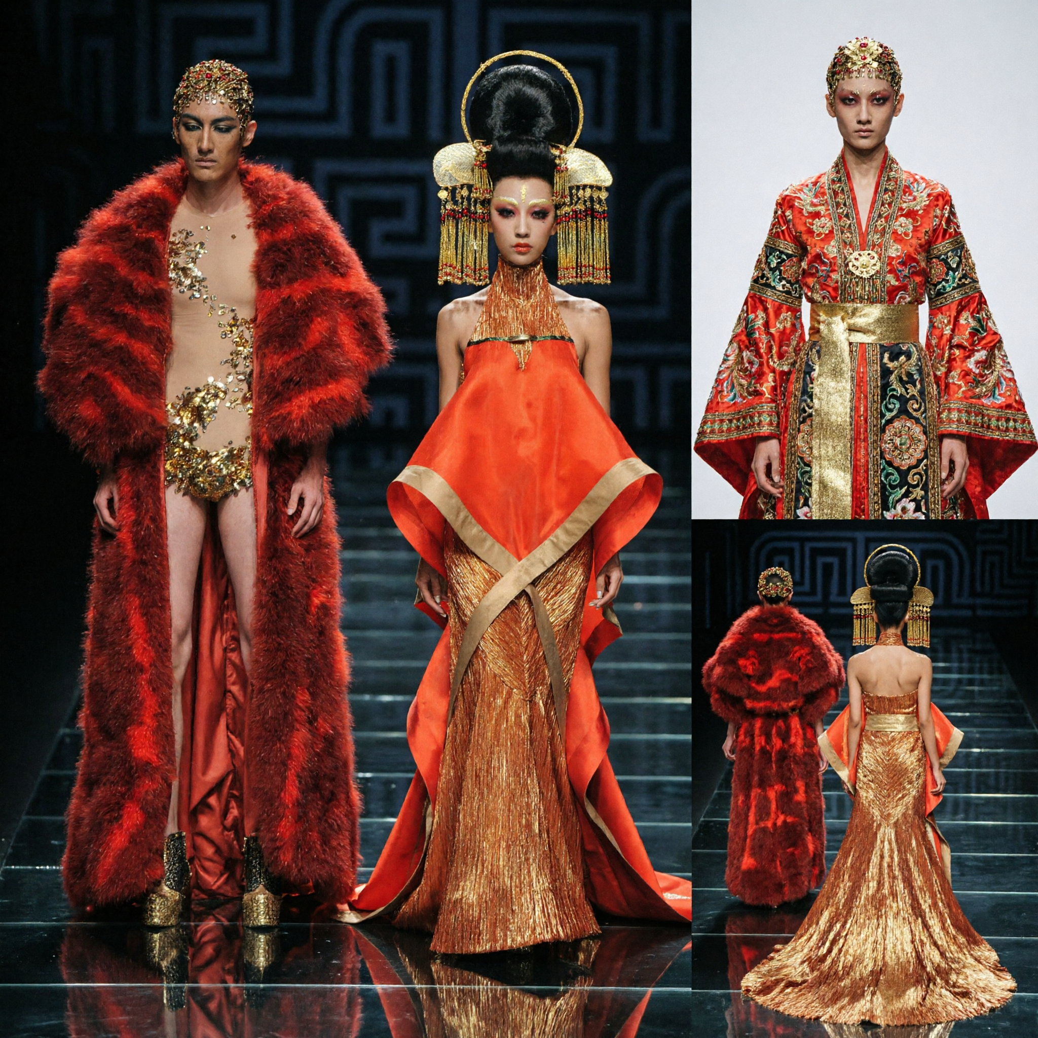 Avant-Garde Chinese Traditional Stage Costume Orange and Gold Gown with Phoenix Headpiece for Runway Performance - Asian Costume
