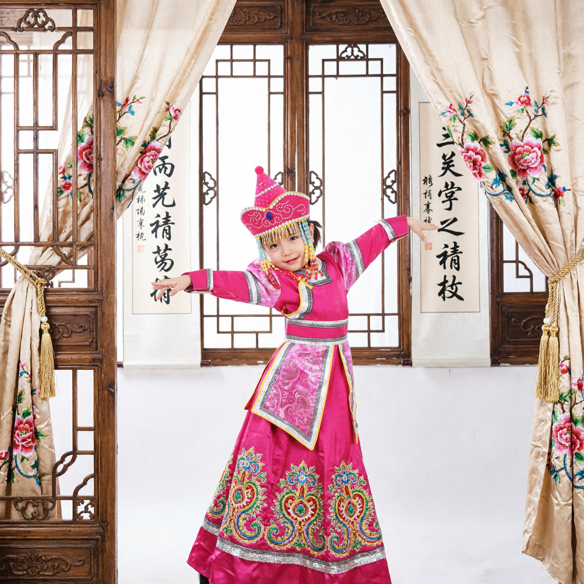 Pink Mongolian Traditional Dance Costume for Kids Girls Ethnic Minority Stage Performance Outfit with Hat - Asian Costume
