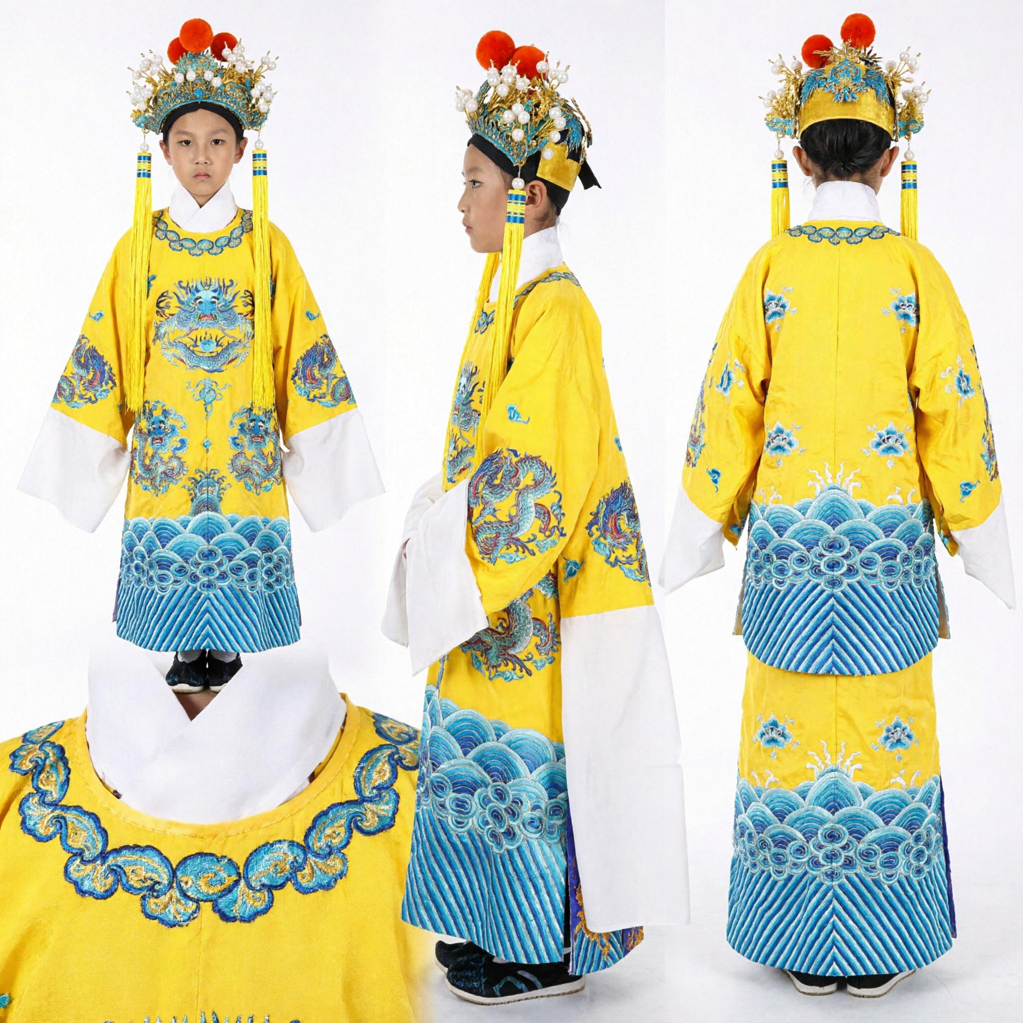 Traditional Chinese Emperor Costume for Kids Boy Yellow Dragon Robe with Headdress for Stage Performance - Asian Costume
