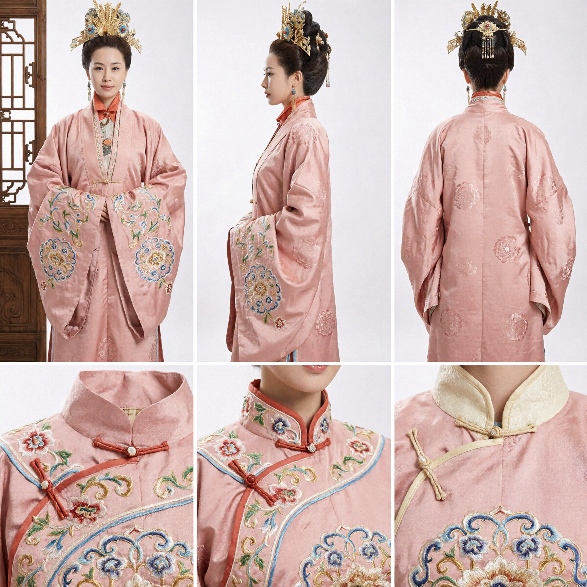 Traditional Chinese Tang Dynasty Princess Hanfu Costume Pink Robe and Gold Phoenix Crown Set for Women - Asian Costume