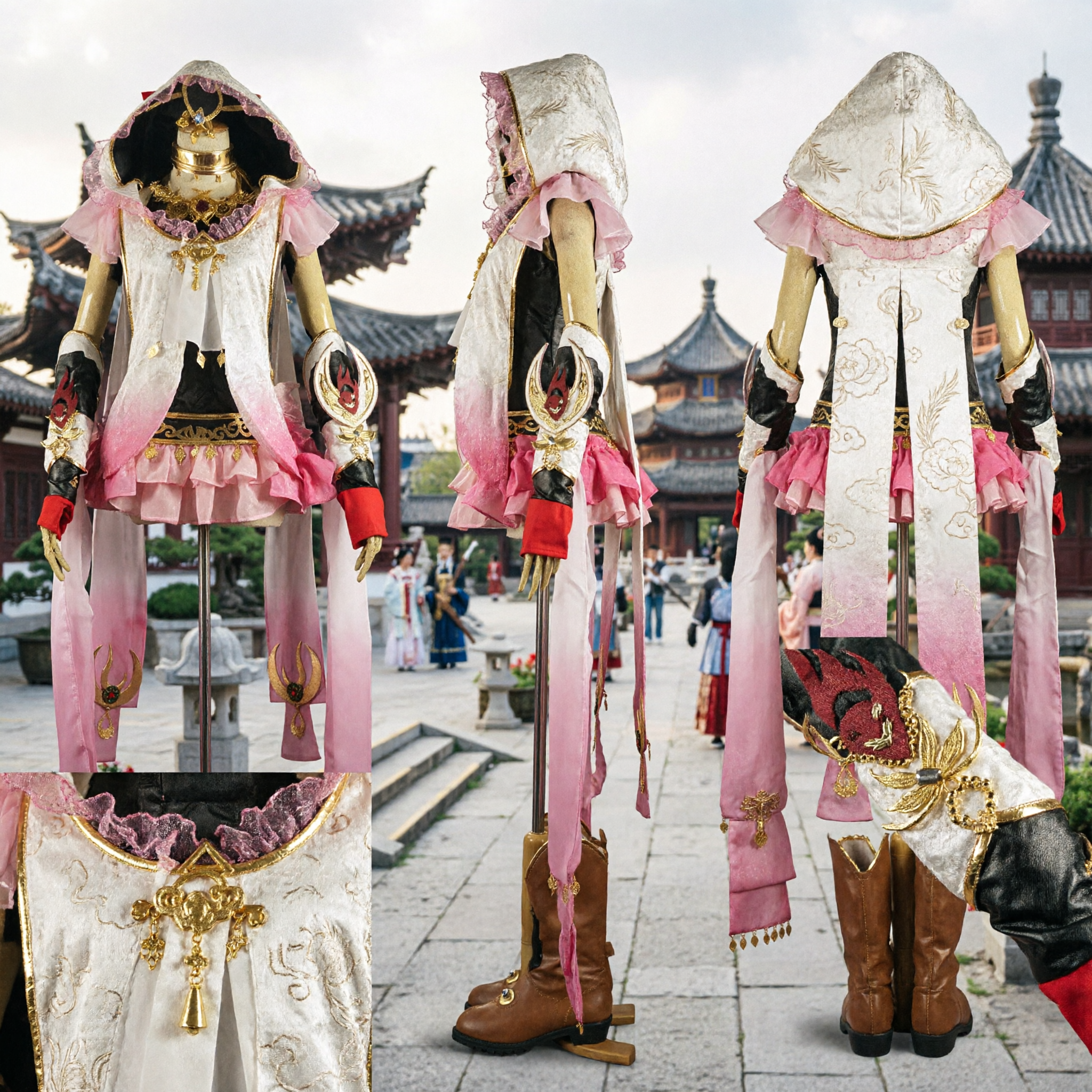 Traditional Chinese Pink Fantasy Costume for Kids Ancient Warrior Princess Hanfu Cosplay Set with Hooded Cape and Boots - Asian Costume