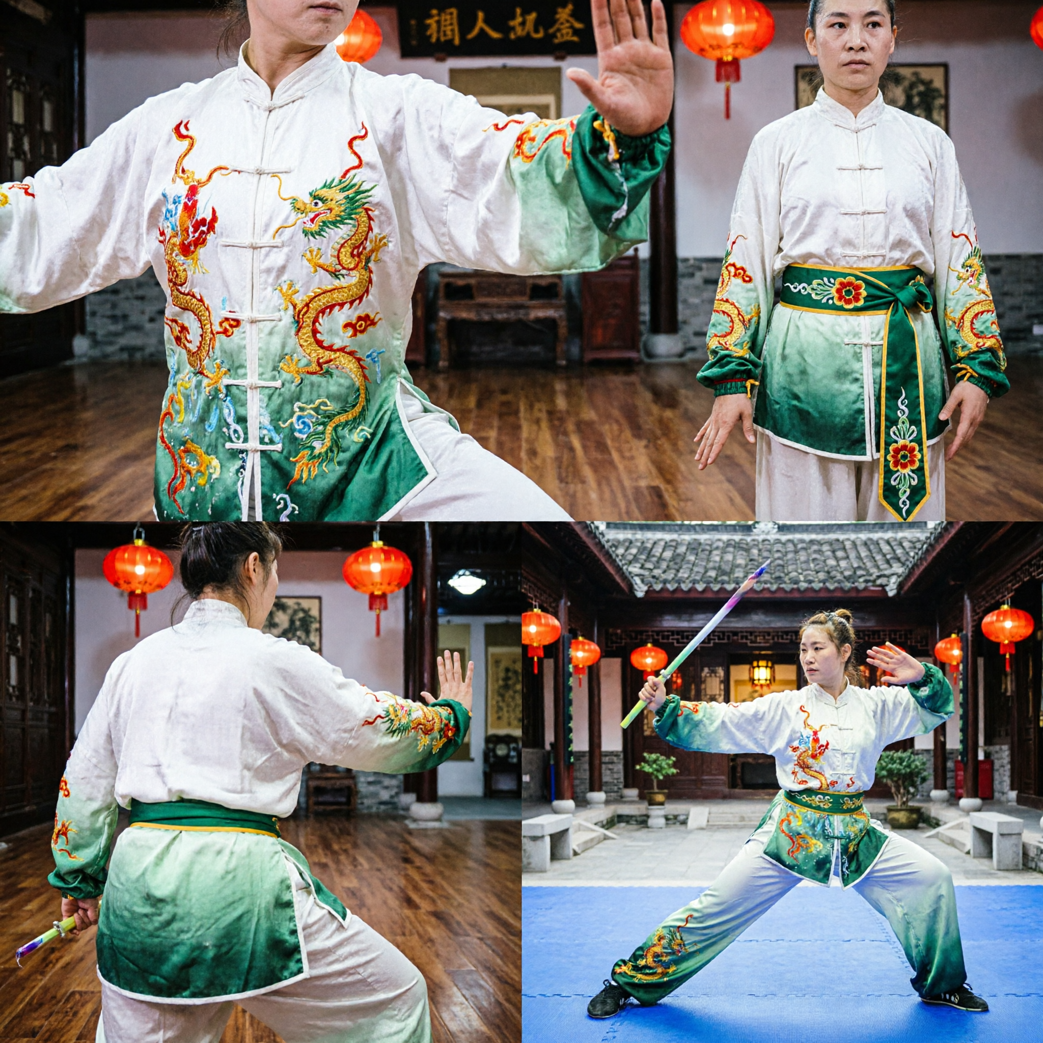 Women's Professional Wushu Competition Uniform Tai Chi Kung Fu Suit Gradient Green Dragon Embroidery Costume - Asian Costume