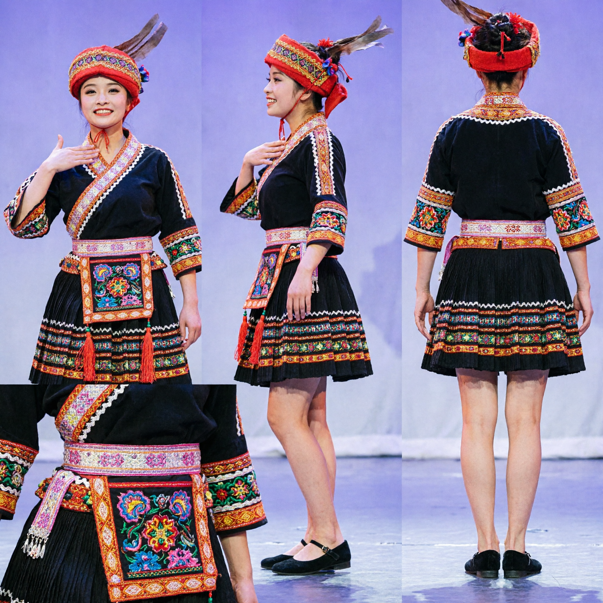 Traditional Chinese Ethnic Minority Folk Dance Costume for Women Stage Performance Embroidered Dress Set - Asian Costume