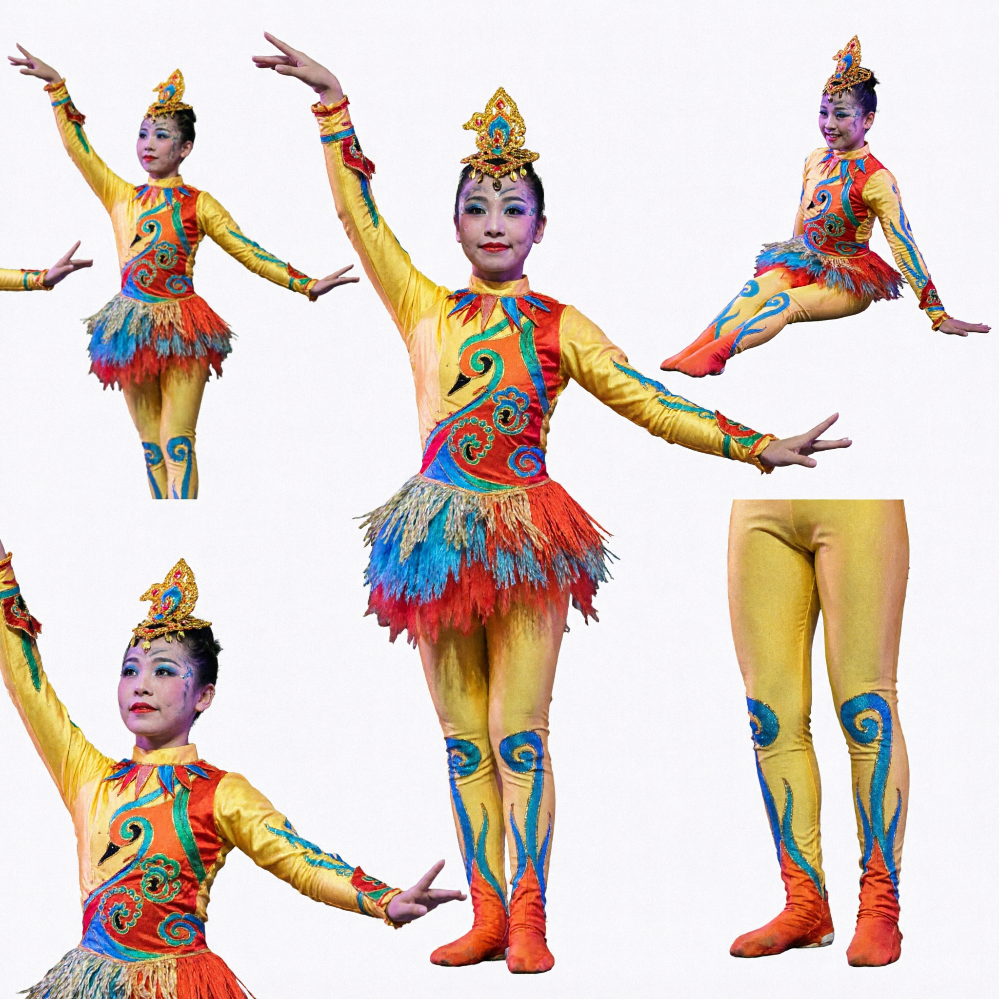 Traditional Yellow Chinese Folk Dance Costume Women Stage Performance Outfit with Headdress and Sleeves - Asian Costume