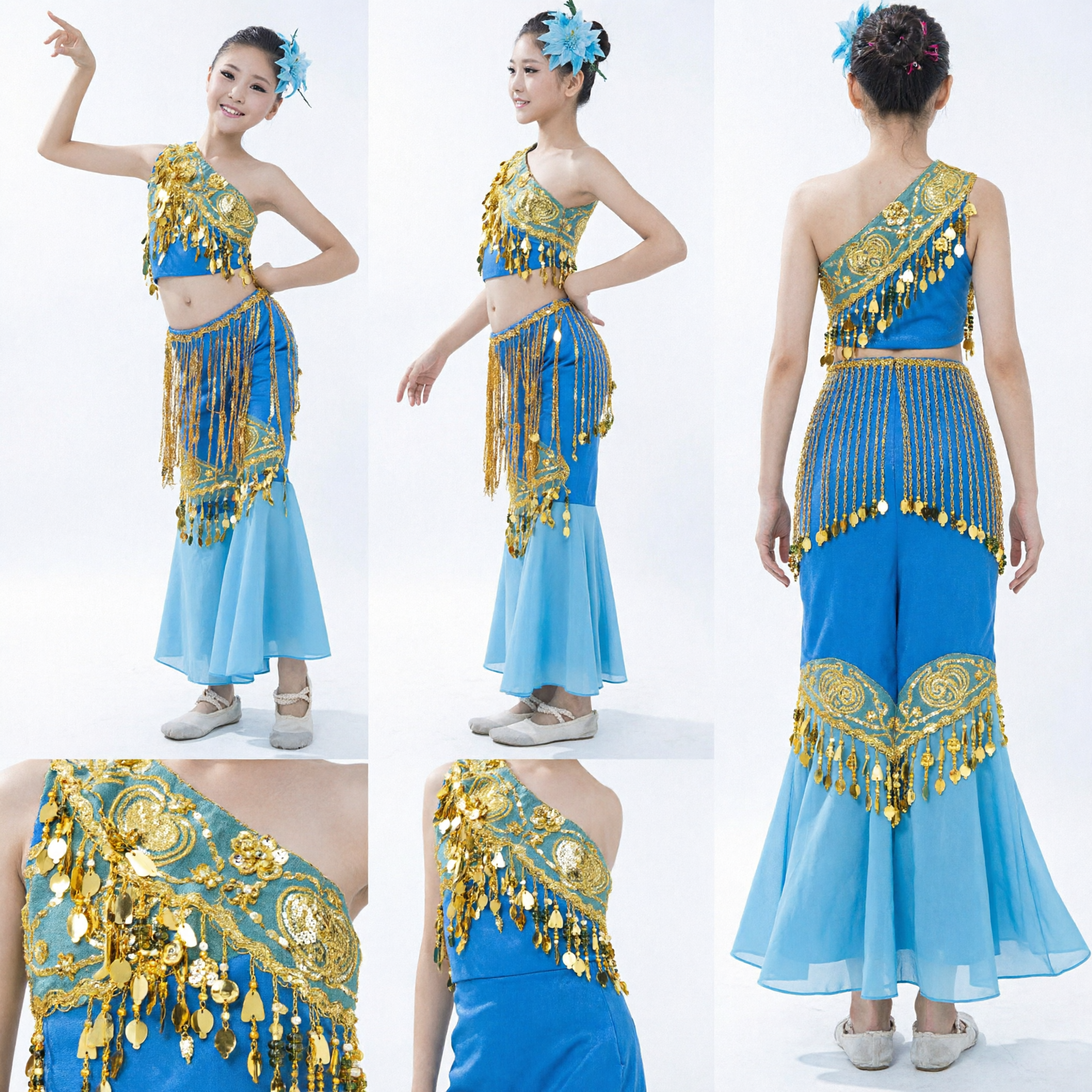 Blue One-Shoulder Gold Fringe Sequin Chinese Dai Minority Peacock Dance Costume for Girls Stage Performance - Asian Costume