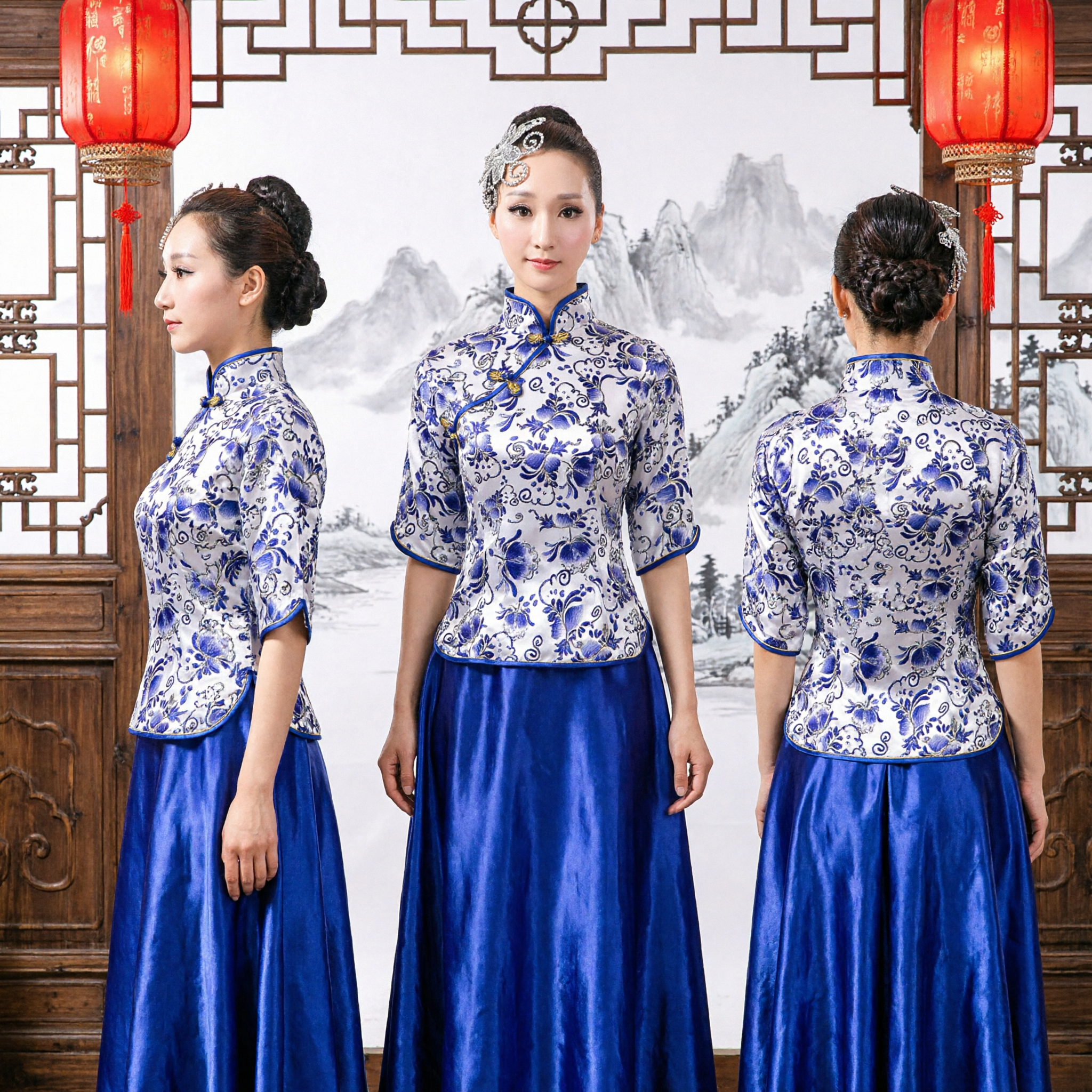 Traditional Chinese Blue and White Porcelain Print Silk Qipao Top and Long Skirt Set for Women Performance - Asian Costume