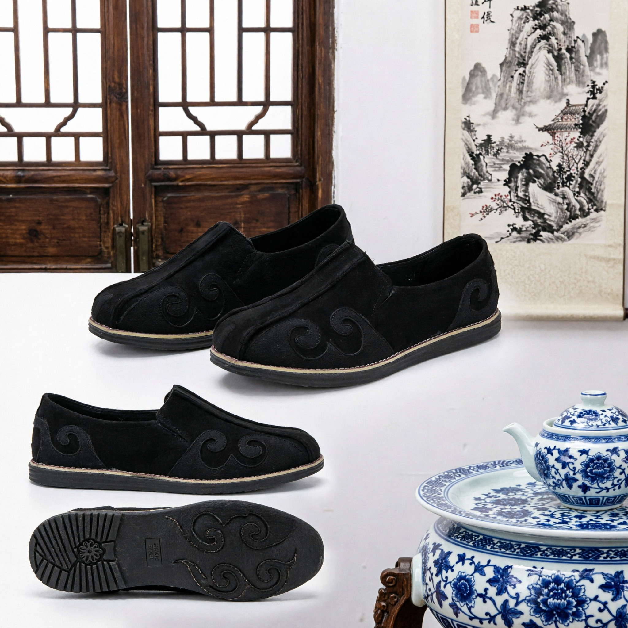Men's Traditional Chinese Black Cloth Shoes Old Beijing Style Kung Fu Tai Chi Casual Slip-Ons - Asian Costume