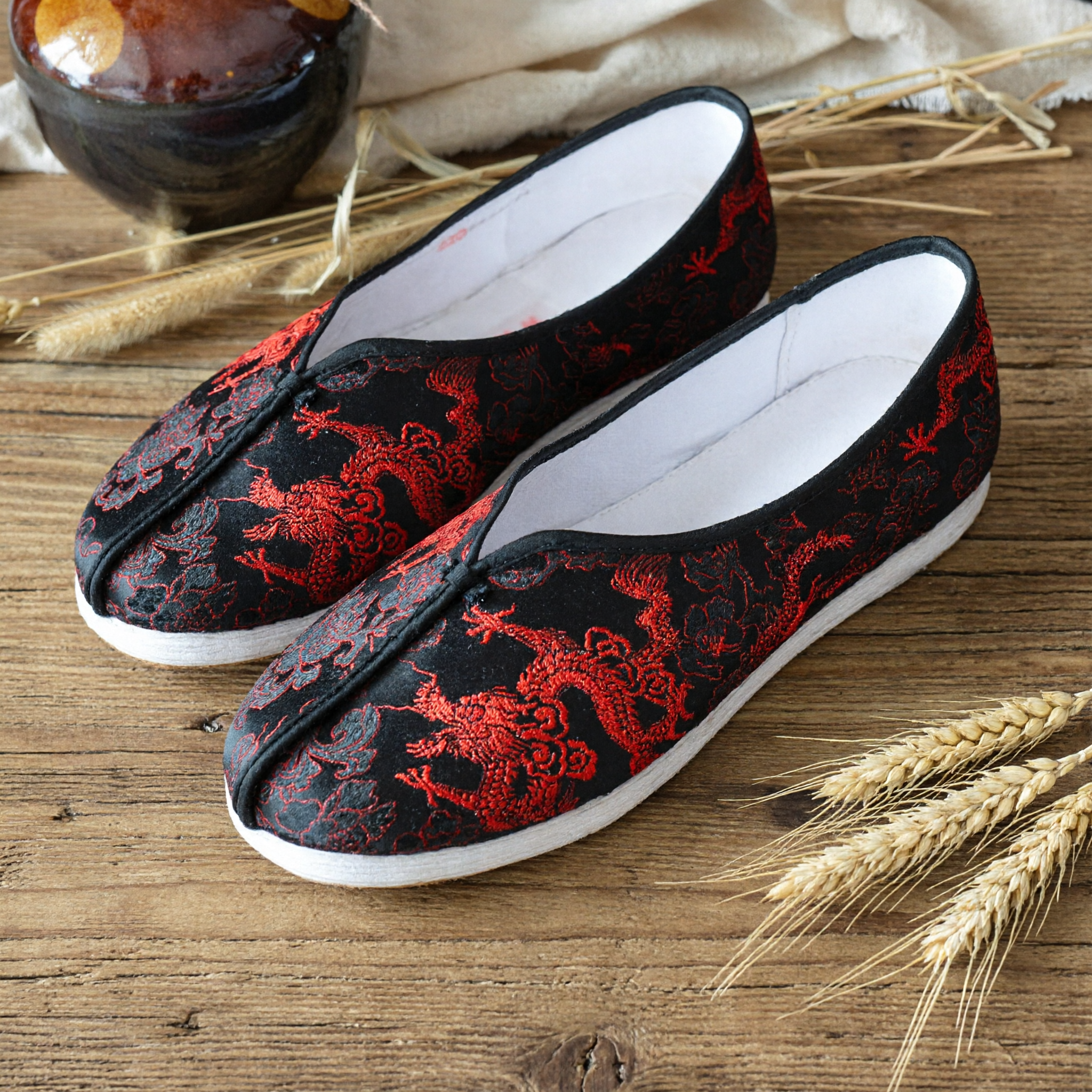 Men's Traditional Chinese Dragon Embroidery Cloth Shoes Black Hanfu Kung Fu Slip-Ons for Daily Wear - Asian Costume