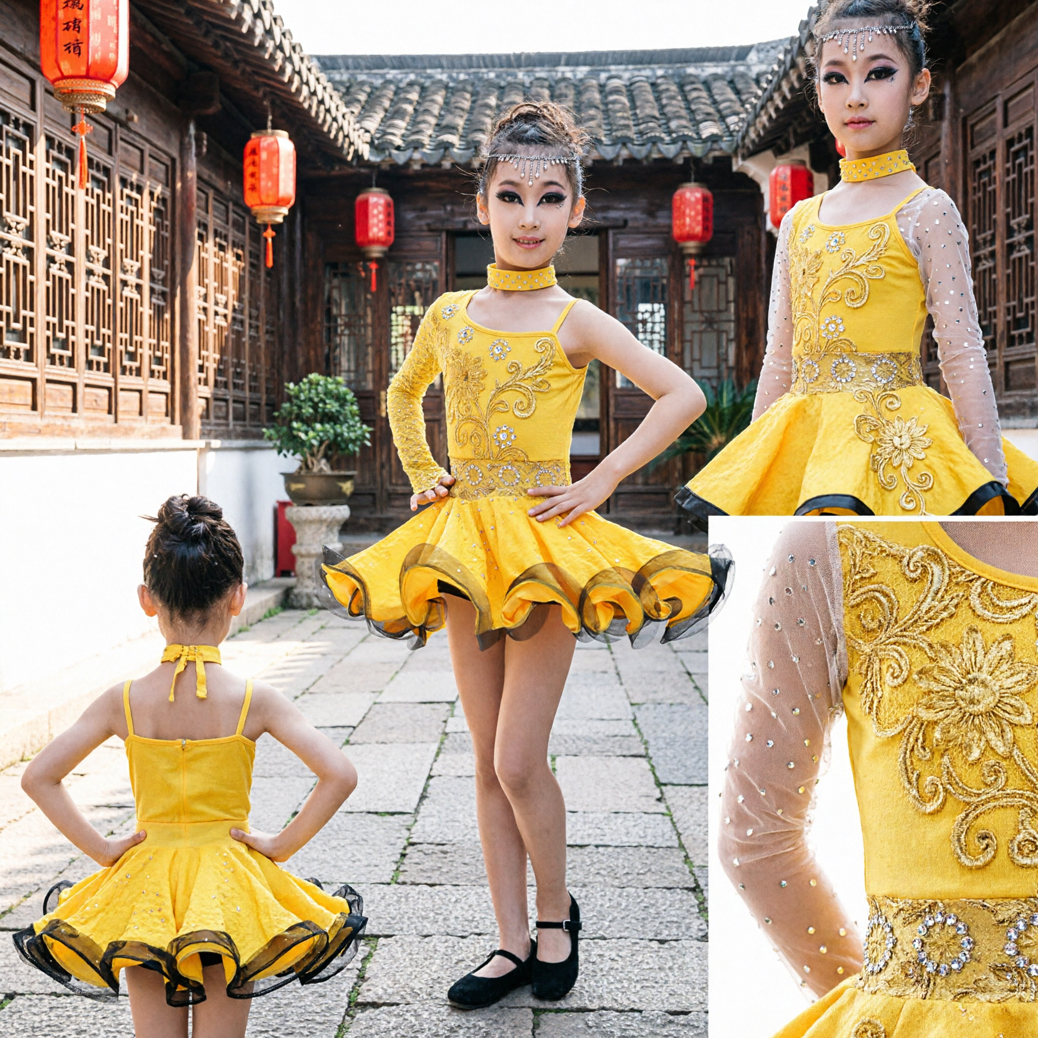 Girls Yellow Latin Dance Dress Sparkly Ballroom Competition Performance Costume for Kids Stage Show - Asian Costume