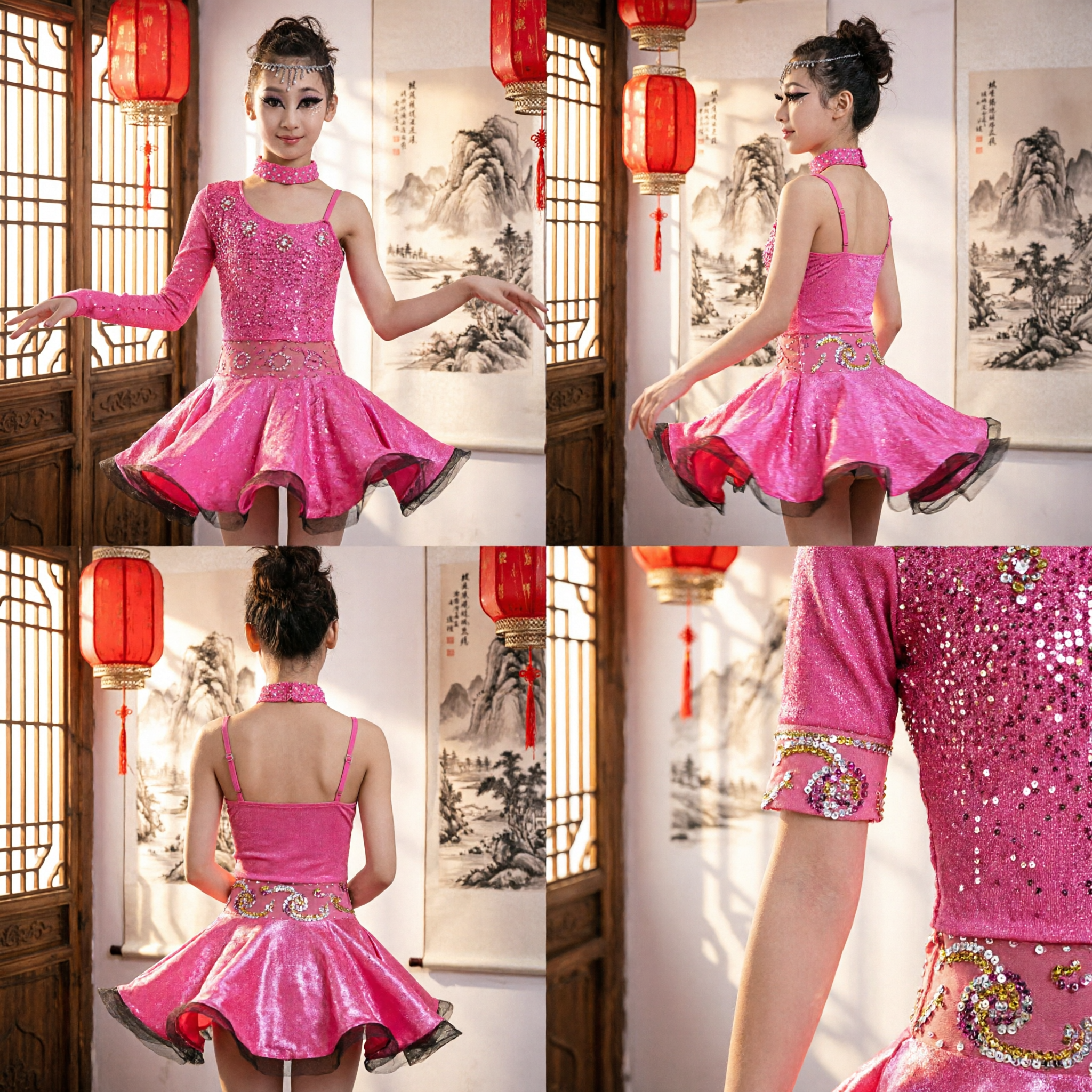 Girls Pink Latin Dance Dress Kids Sequined Ballroom Competition Costume with Matching Headpiece and Choker - Asian Costume