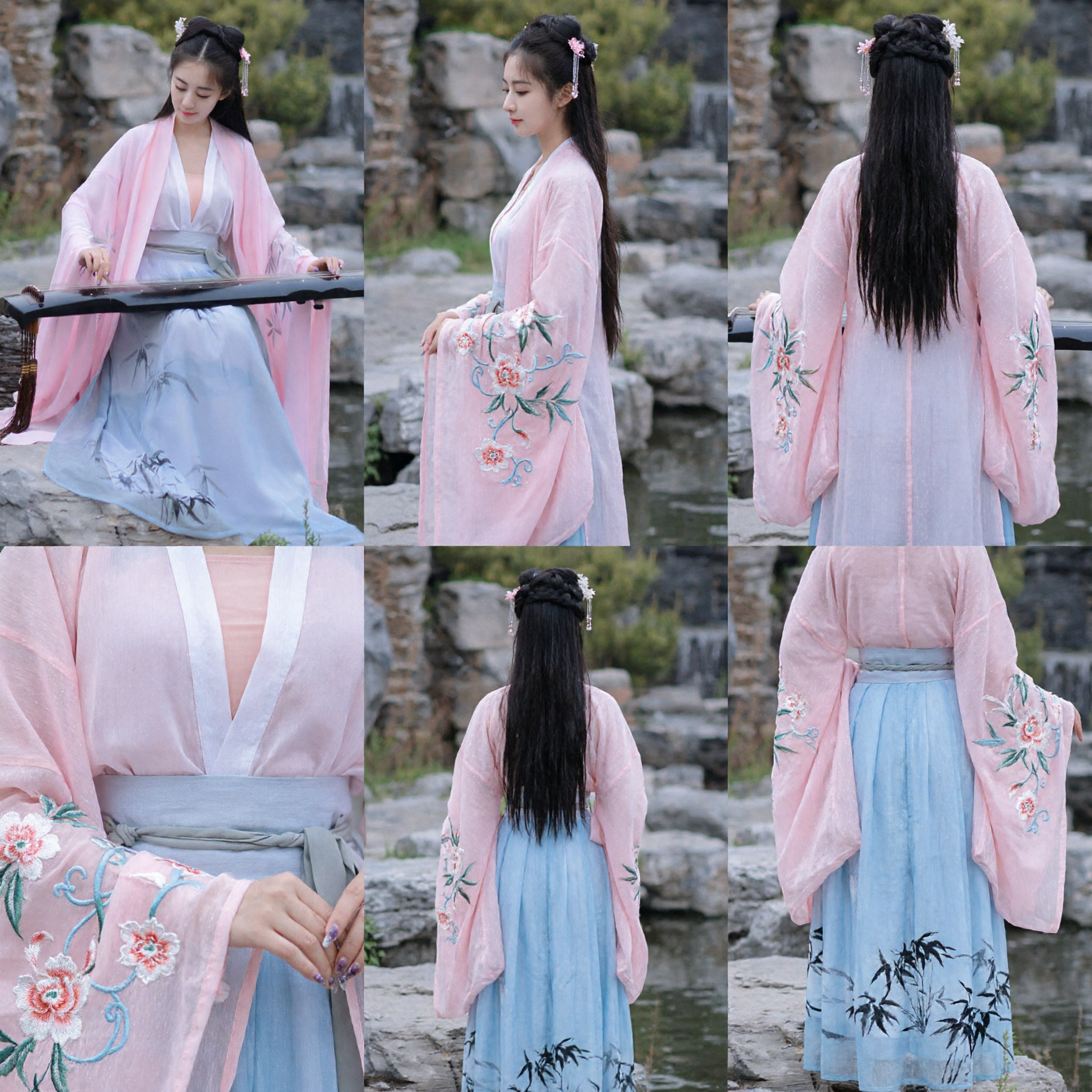 Women's Traditional Chinese Hanfu Dress Pink Sheer Robe Blue Bamboo Skirt Ancient Costume Complete Set - Asian Costume