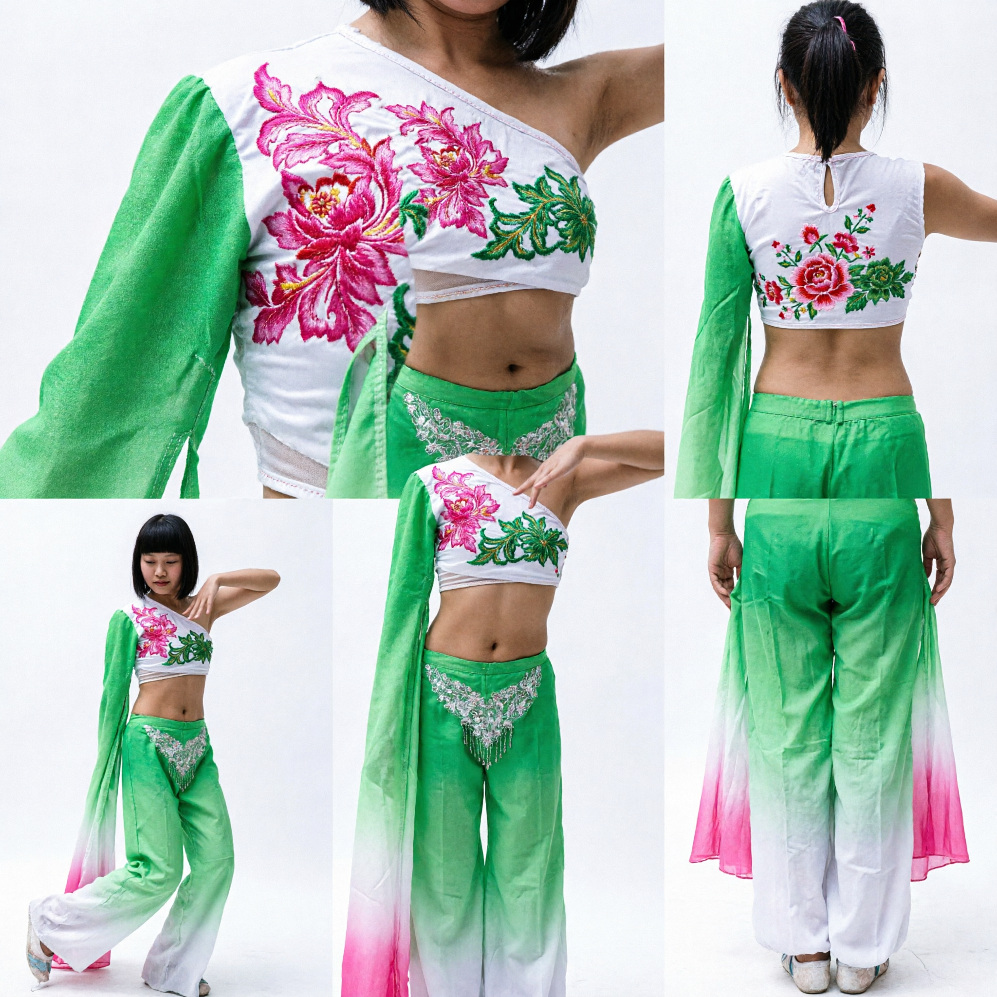 Girls Chinese Folk Dance Costume Green Floral Yangge Performance Outfit with Flowing Sleeves and Pants - Asian Costume