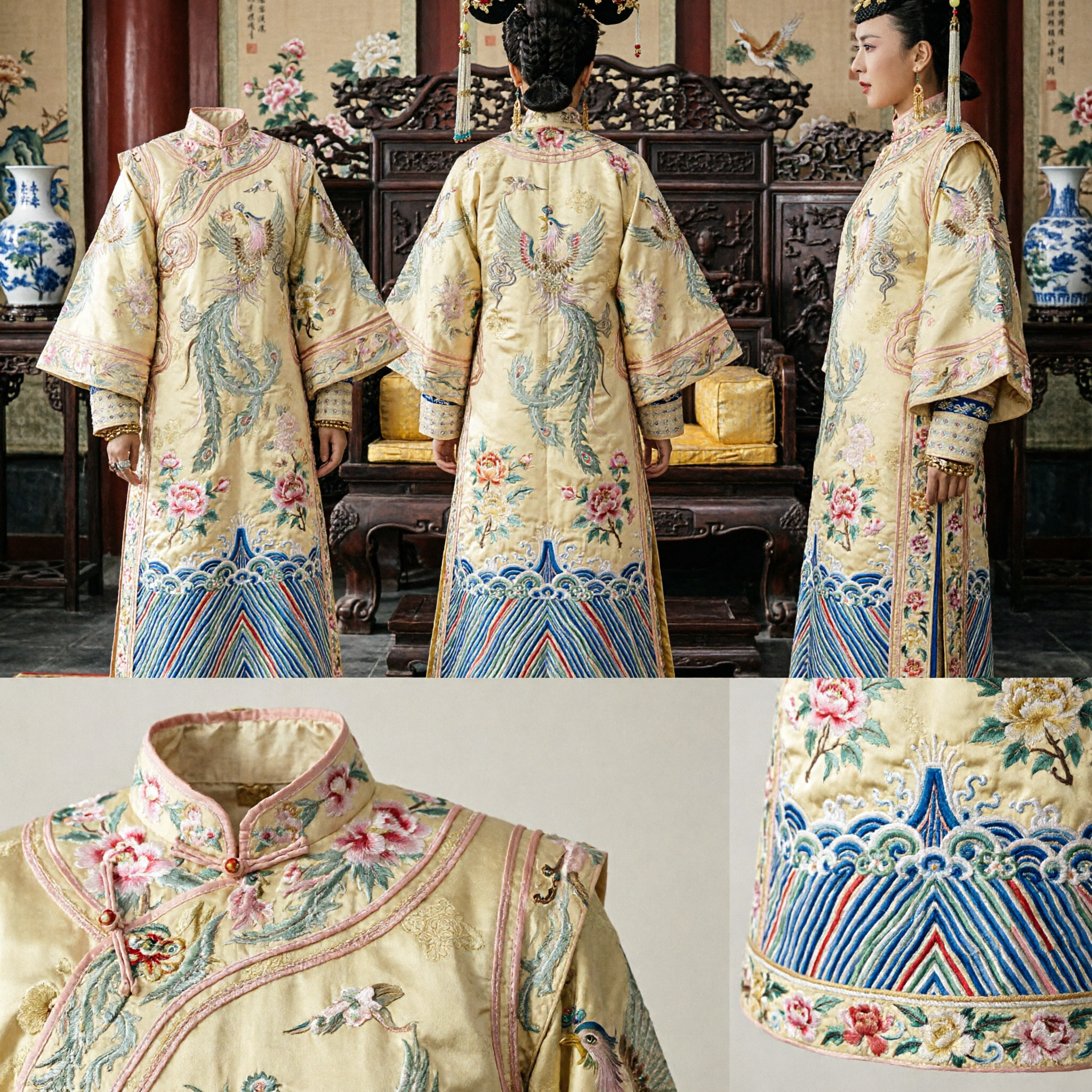 Women's Traditional Chinese Qing Dynasty Empress Costume Set featuring Embroidered Yellow Robe and Elaborate Phoenix Headdress - Asian Costume