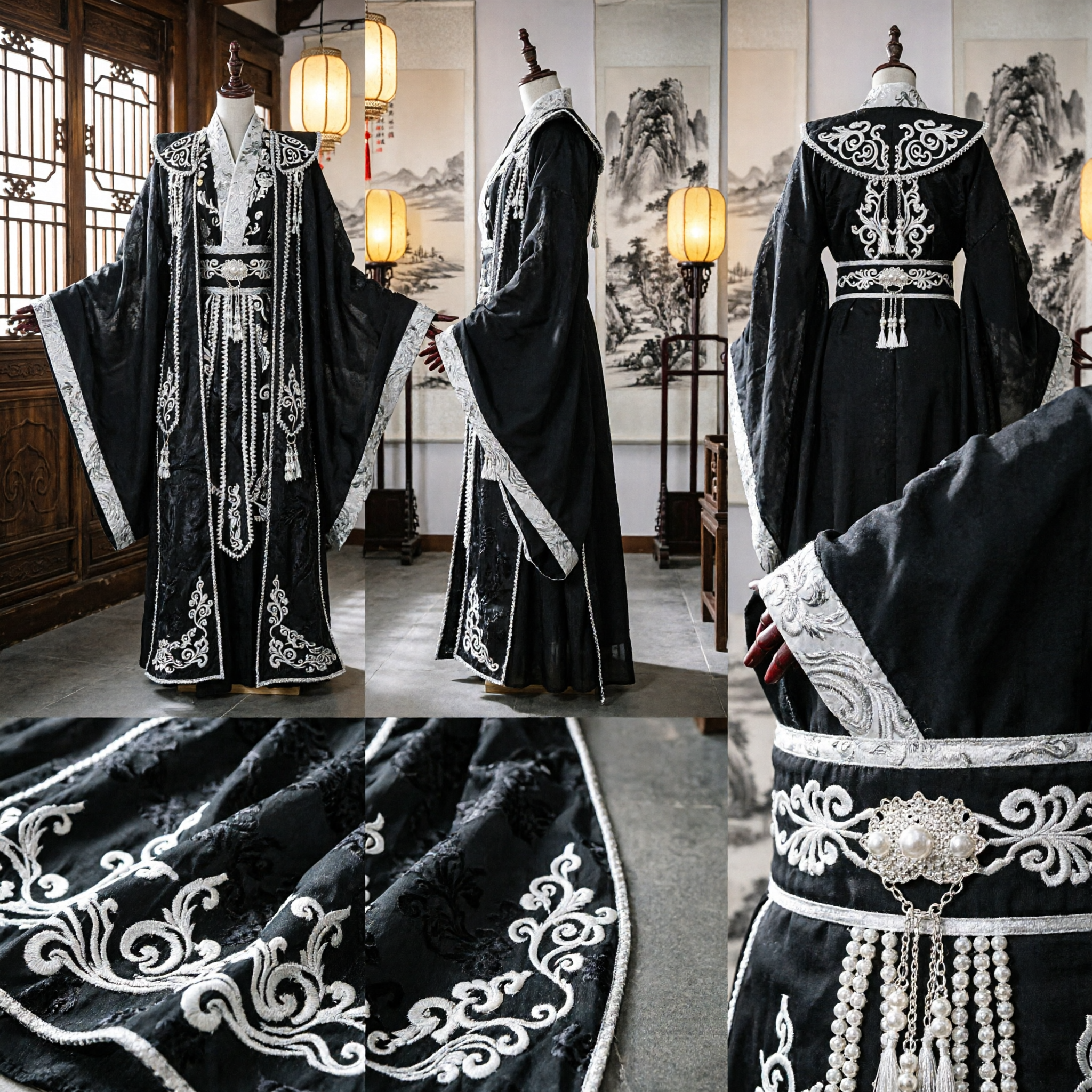 Men's Ancient Chinese Black Prince Hanfu Robe with Silver Embroidery for Wuxia Cosplay Performance - Asian Costume