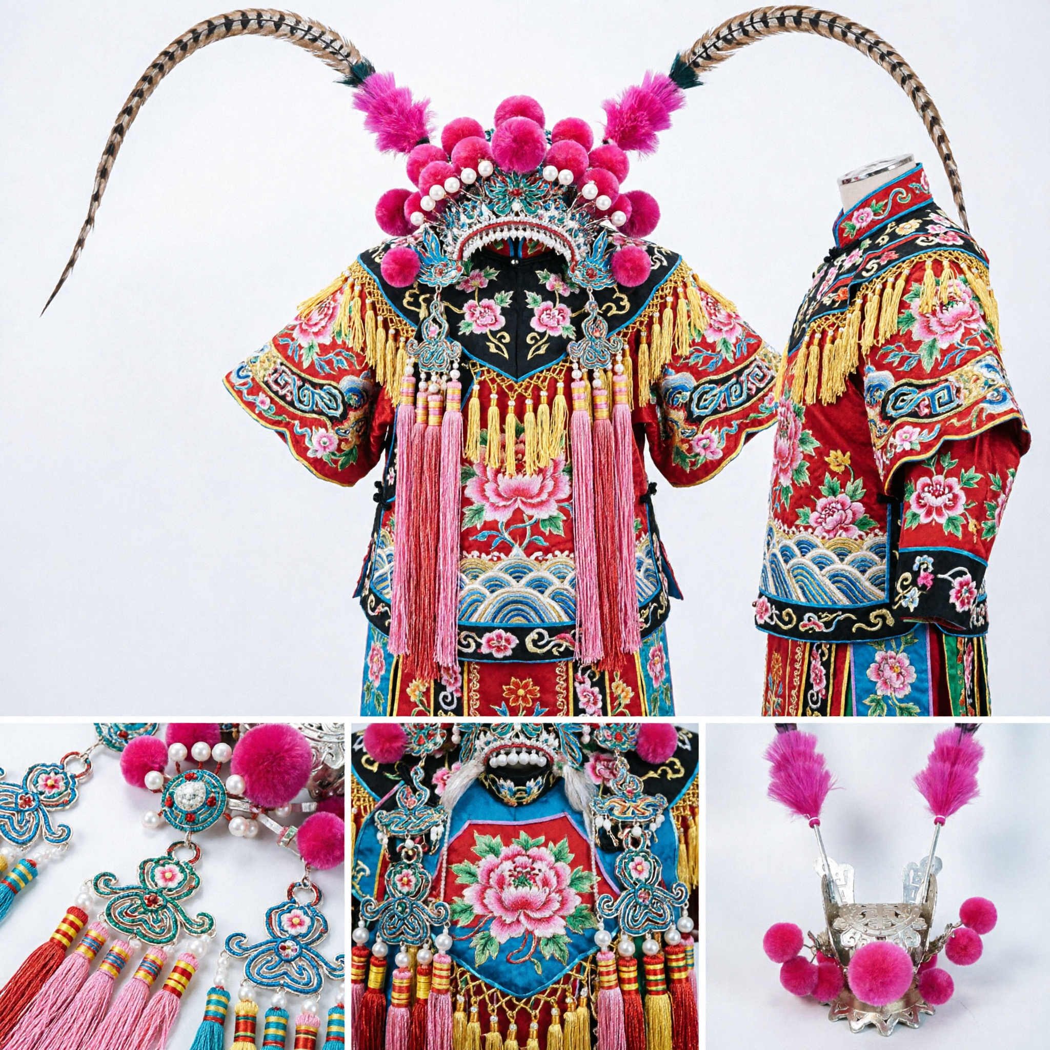 Traditional Chinese Peking Opera Headdress Pink Feather Crown with Pom Poms for Female Warrior Stage Performance - Asian Costume