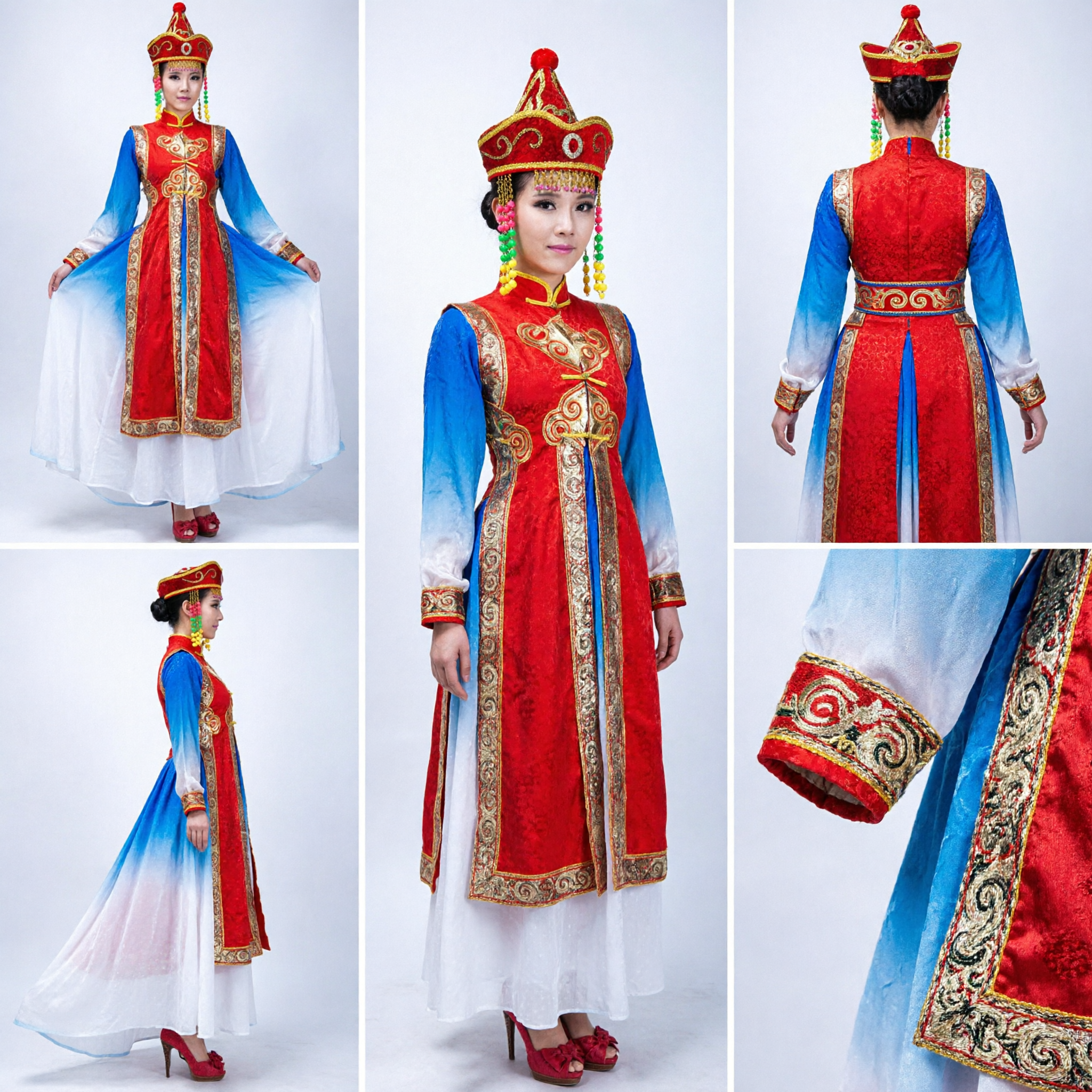 Women's Mongolian Traditional Dance Costume Red Embroidered Robe with Blue Gradient Sleeves Ethnic Stage Performance Dress - Asian Costume