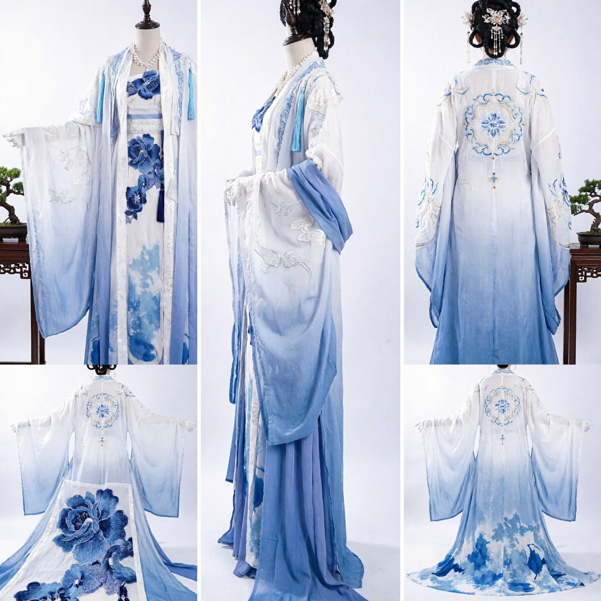 Traditional Chinese Hanfu Dress Blue Floral Embroidery Ancient Fairy Costume for Women Cosplay Performance - Asian Costume