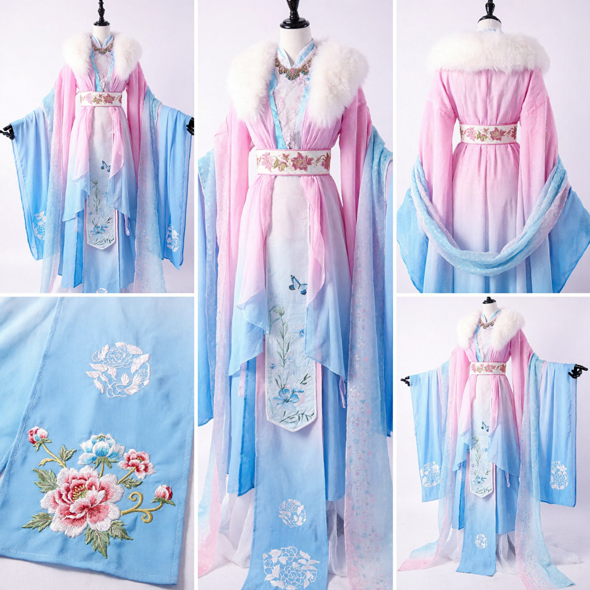Elegant Pink and Blue Chinese Hanfu Costume with Fur Collar and Embroidery for Women Cosplay - Asian Costume