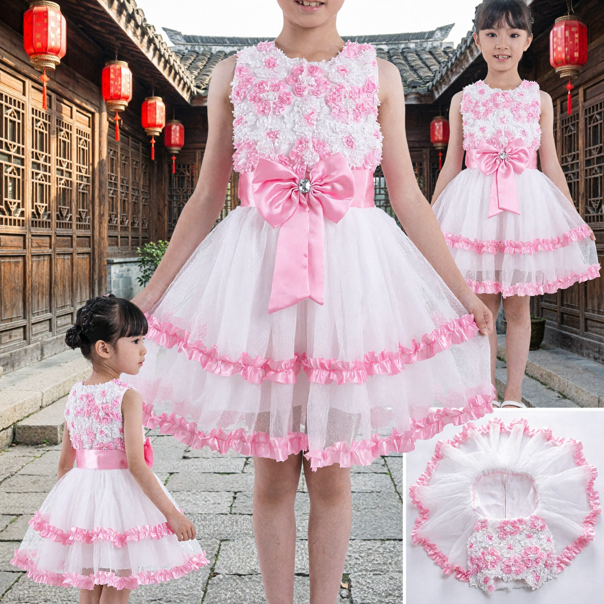 Elegant Pink and White Flower Girl Dress with 3D Rosette Bodice and Tulle Skirt for Weddings - Asian Costume