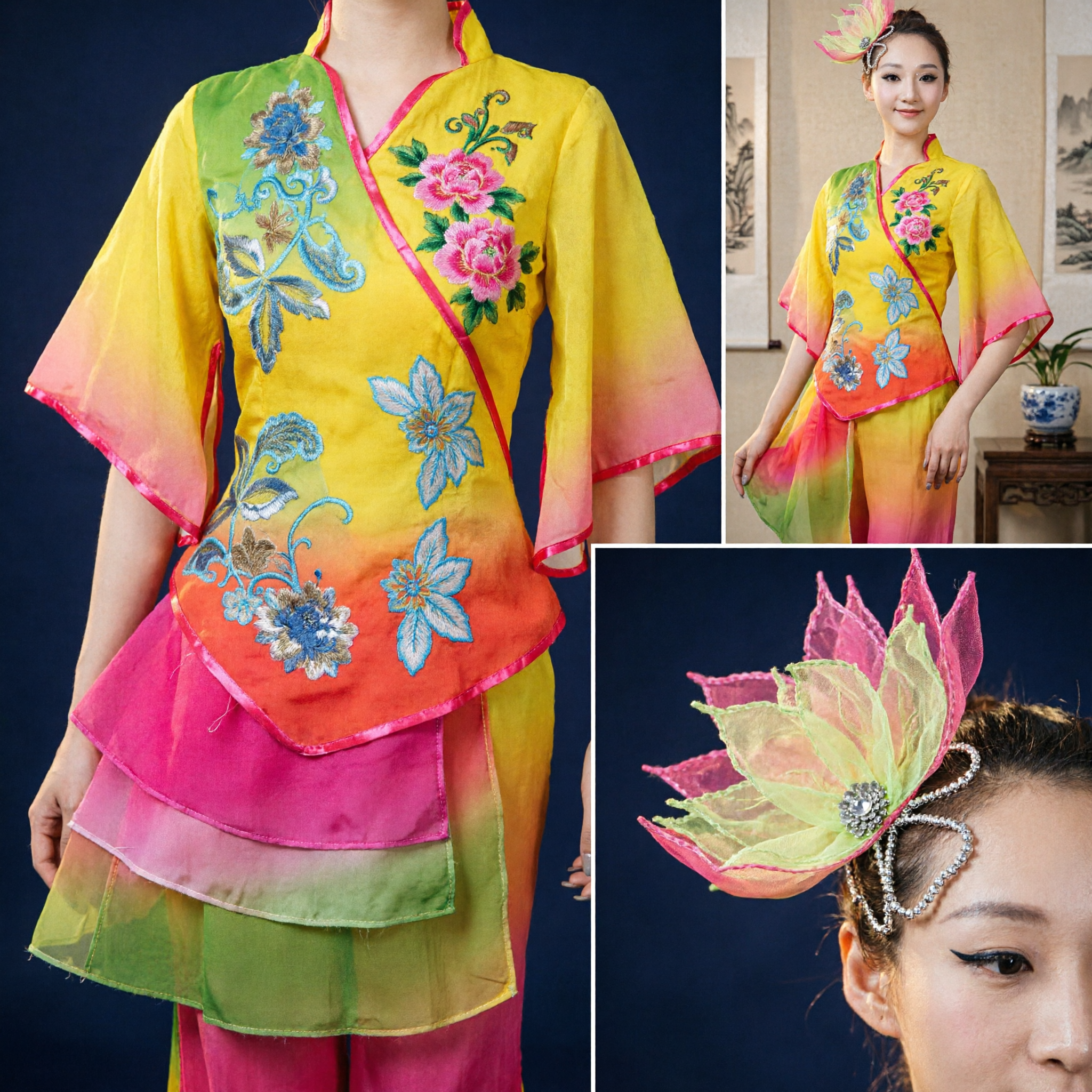 Traditional Chinese Yangge Fan Dance Costume for Women Yellow Embroidered Top Pink Pants Folk Stage Performance Outfit - Asian Costume