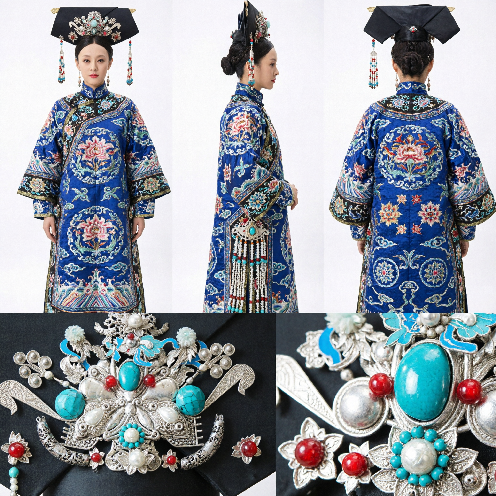Ancient Chinese Qing Dynasty Phoenix Crown Headpiece Silver Blue Turquoise Hair Accessory for Hanfu Cosplay Wedding - Asian Costume