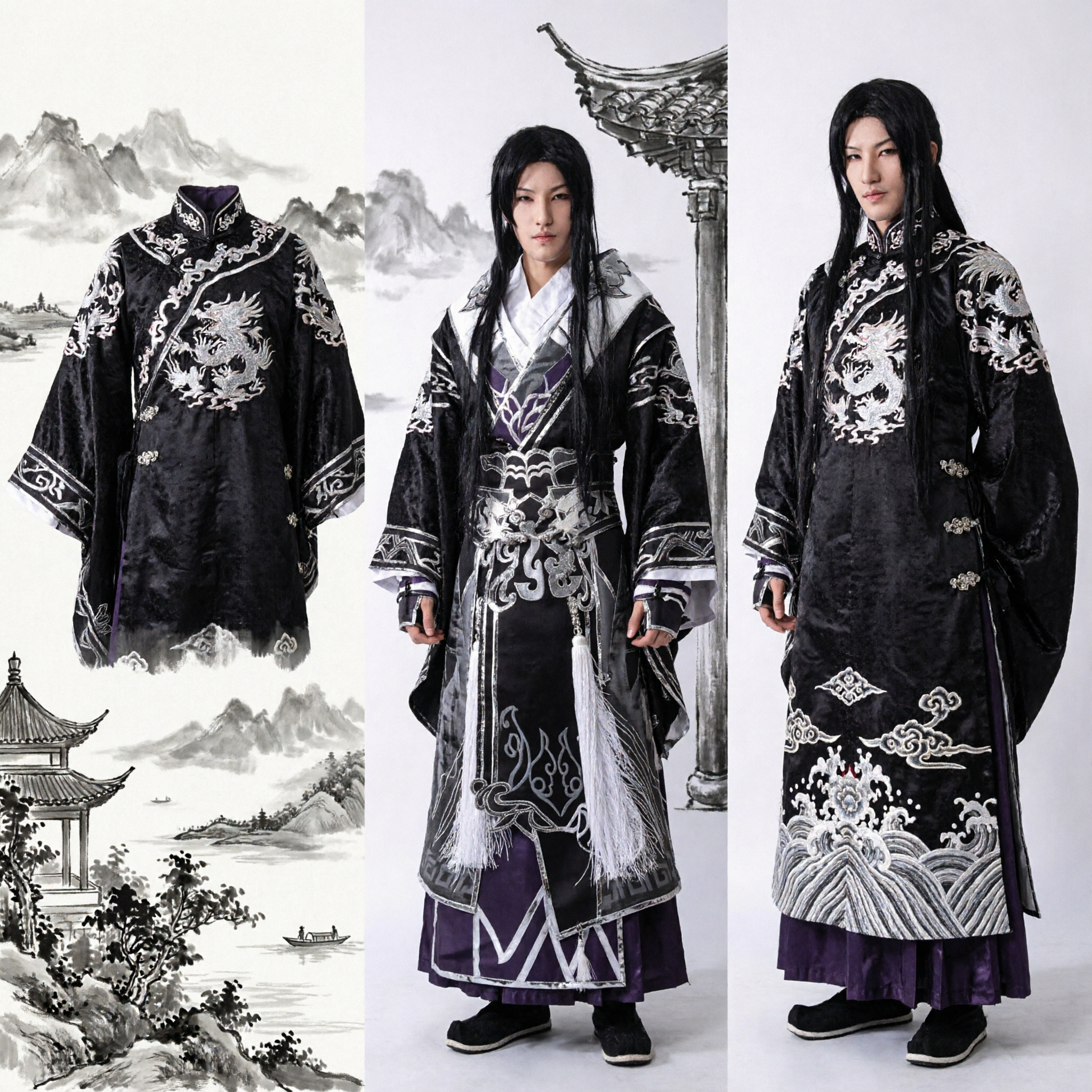 Men's Ancient Chinese Hanfu Black Silver Embroidered Robe Wuxia Swordsman Cosplay Costume Set - Asian Costume