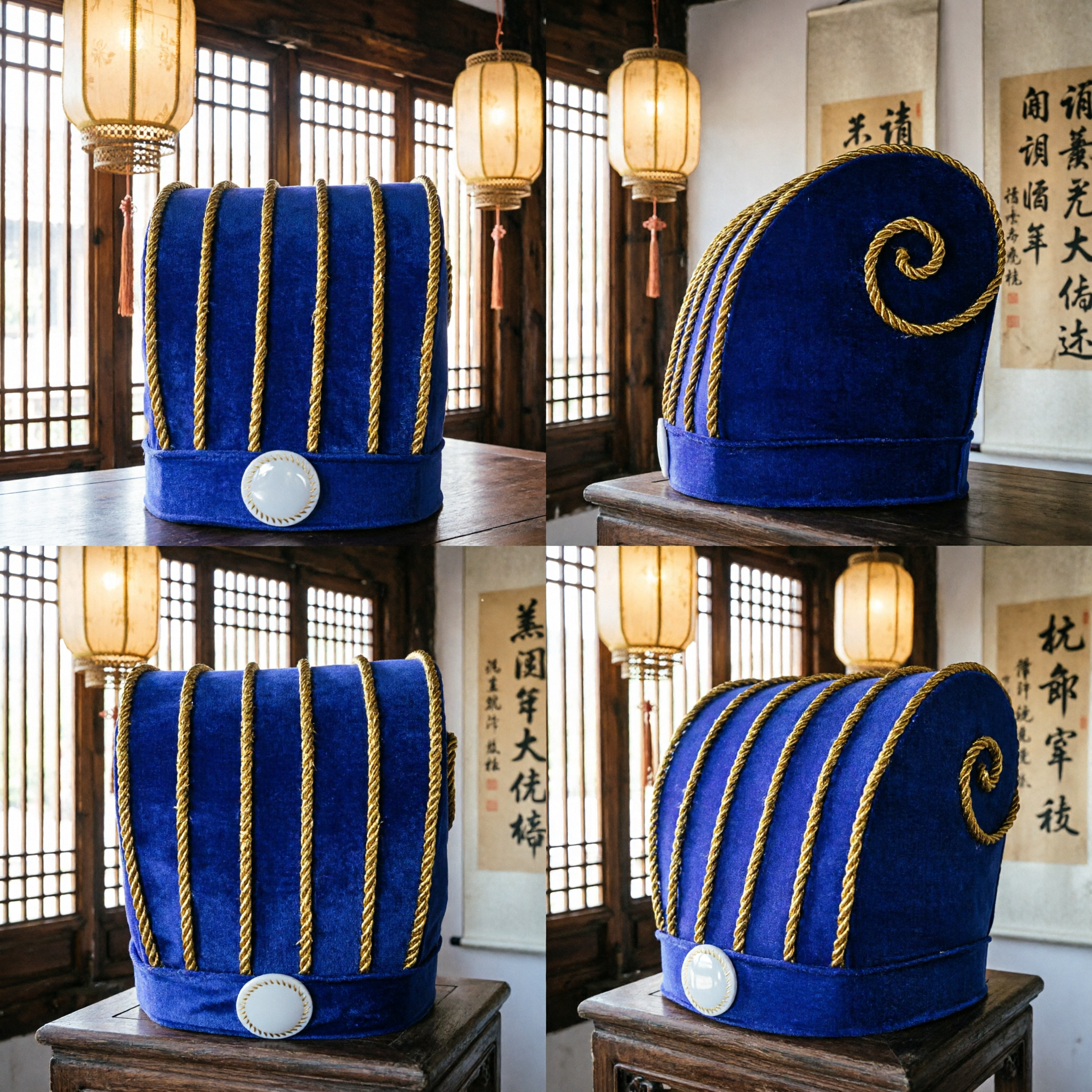Traditional Ancient Chinese Official Blue Felt Hat with Gold Rope Trim for Hanfu Cosplay and Historical Drama Costume - Asian Costume