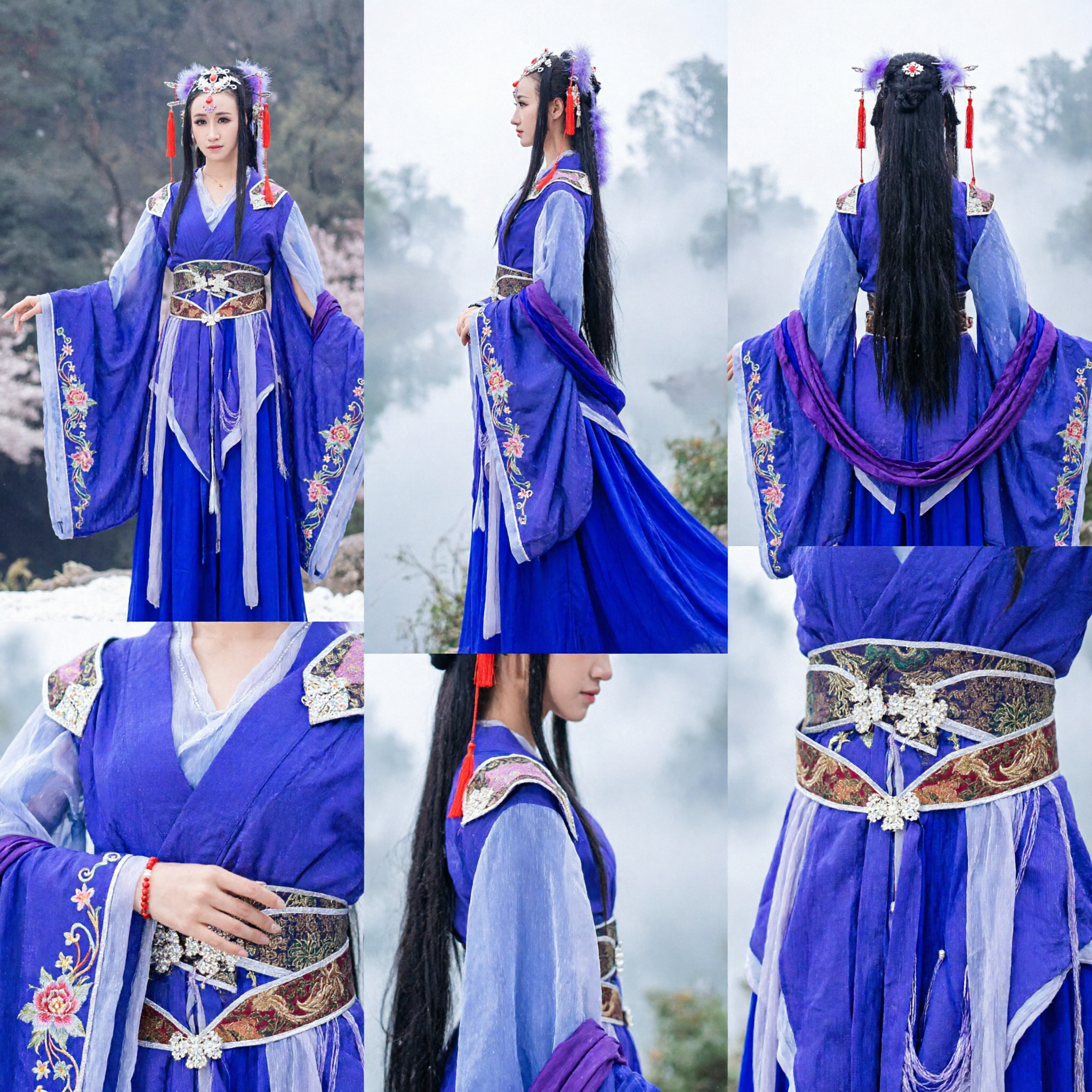 Elegant Blue Traditional Chinese Ancient Hanfu Fairy Goddess Costume Full Set with Headdress for Women Performance - Asian Costume