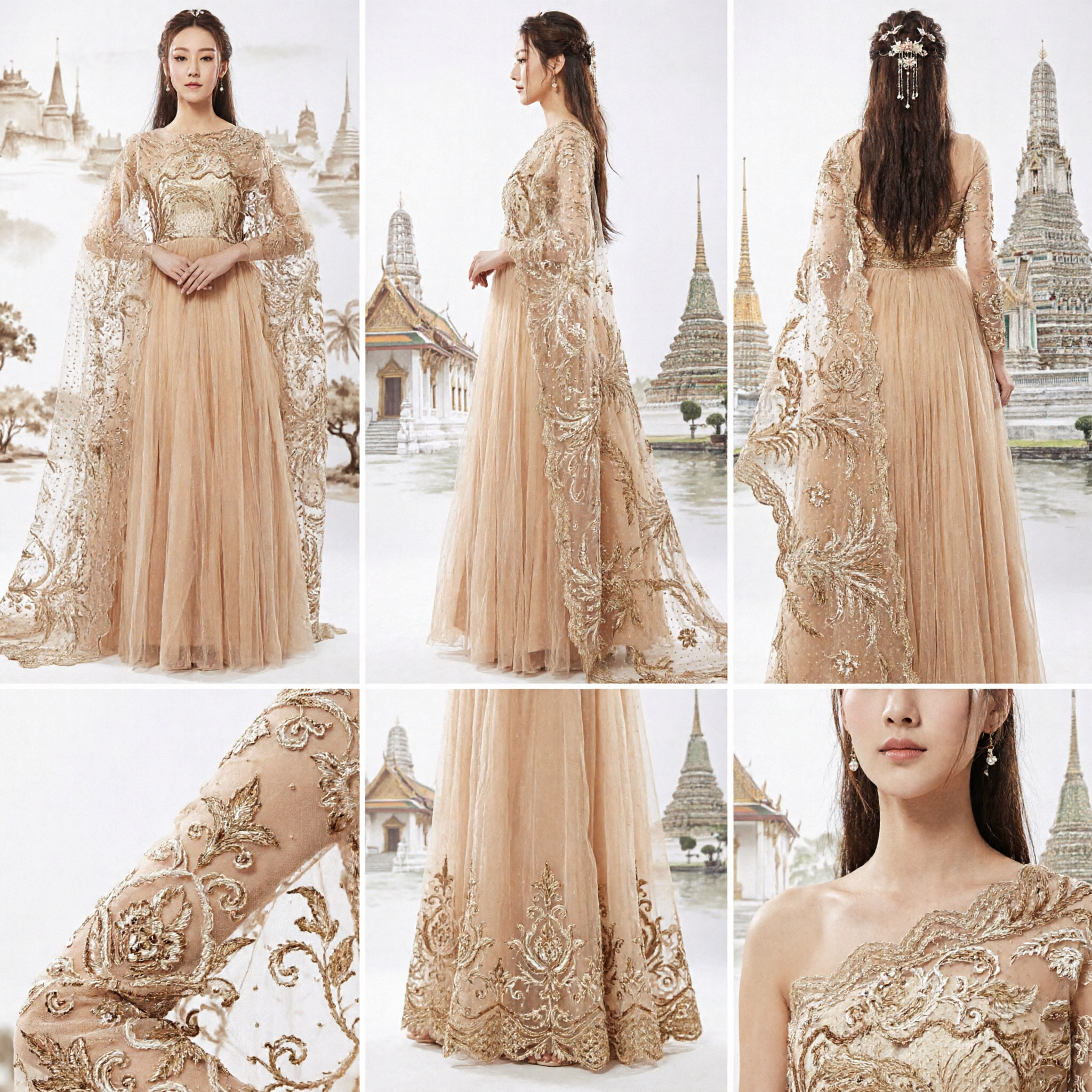 Elegant Gold Lace Cape Dress Traditional Thai Style Formal Gown for Hostess and Wedding Guests - Asian Costume