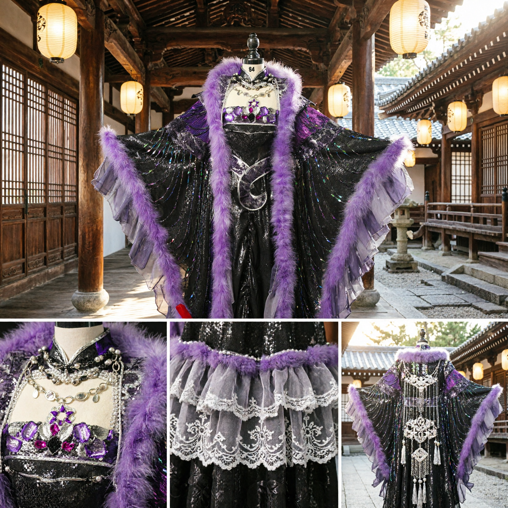 Dramatic Black and Purple Sequin Cape Costume with Faux Fur Trim for Stage Dance Performance - Asian Costume