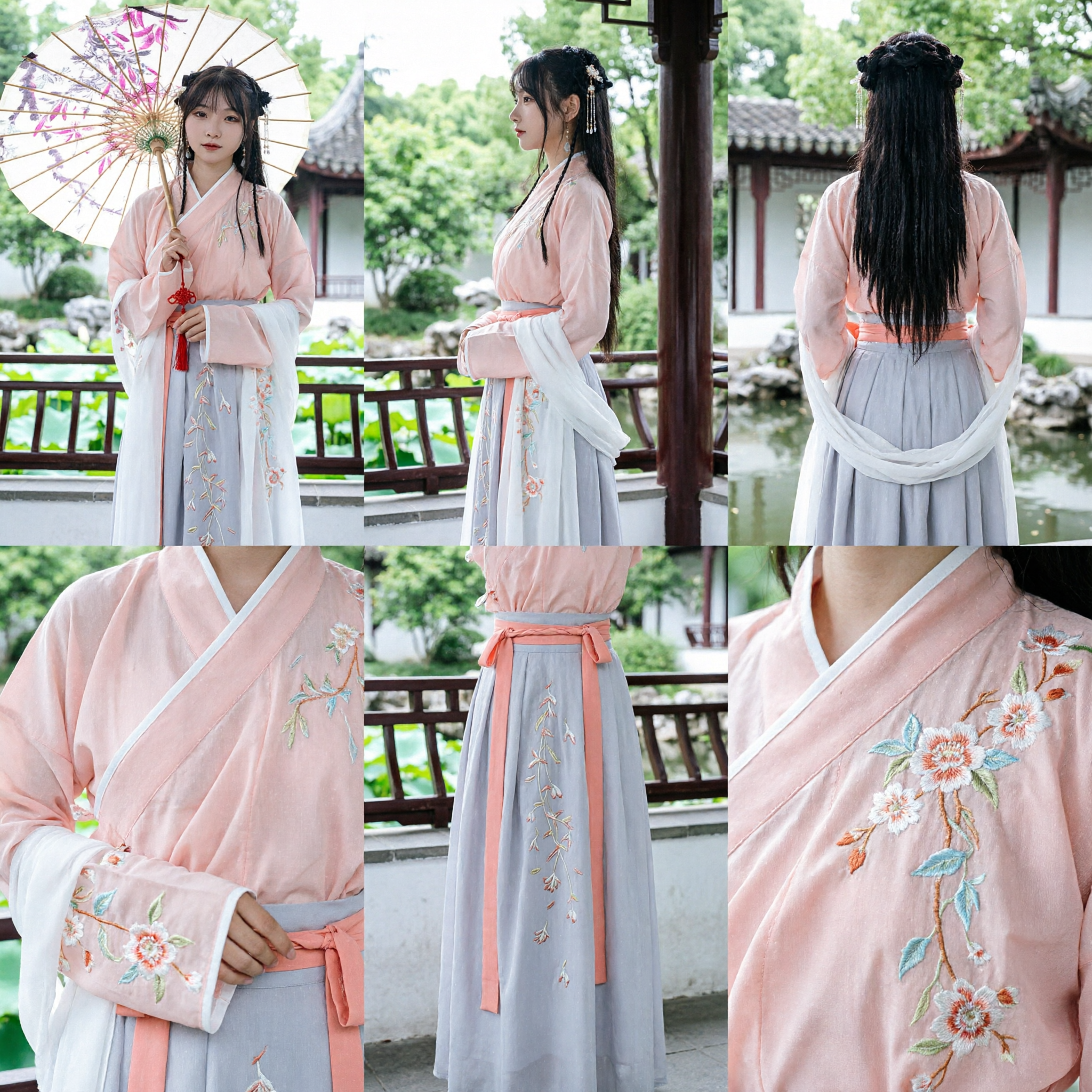 Elegant Traditional Chinese Hanfu Dress for Women Ancient Style Pink and Blue Embroidered Costume Set with Umbrella - Asian Costume