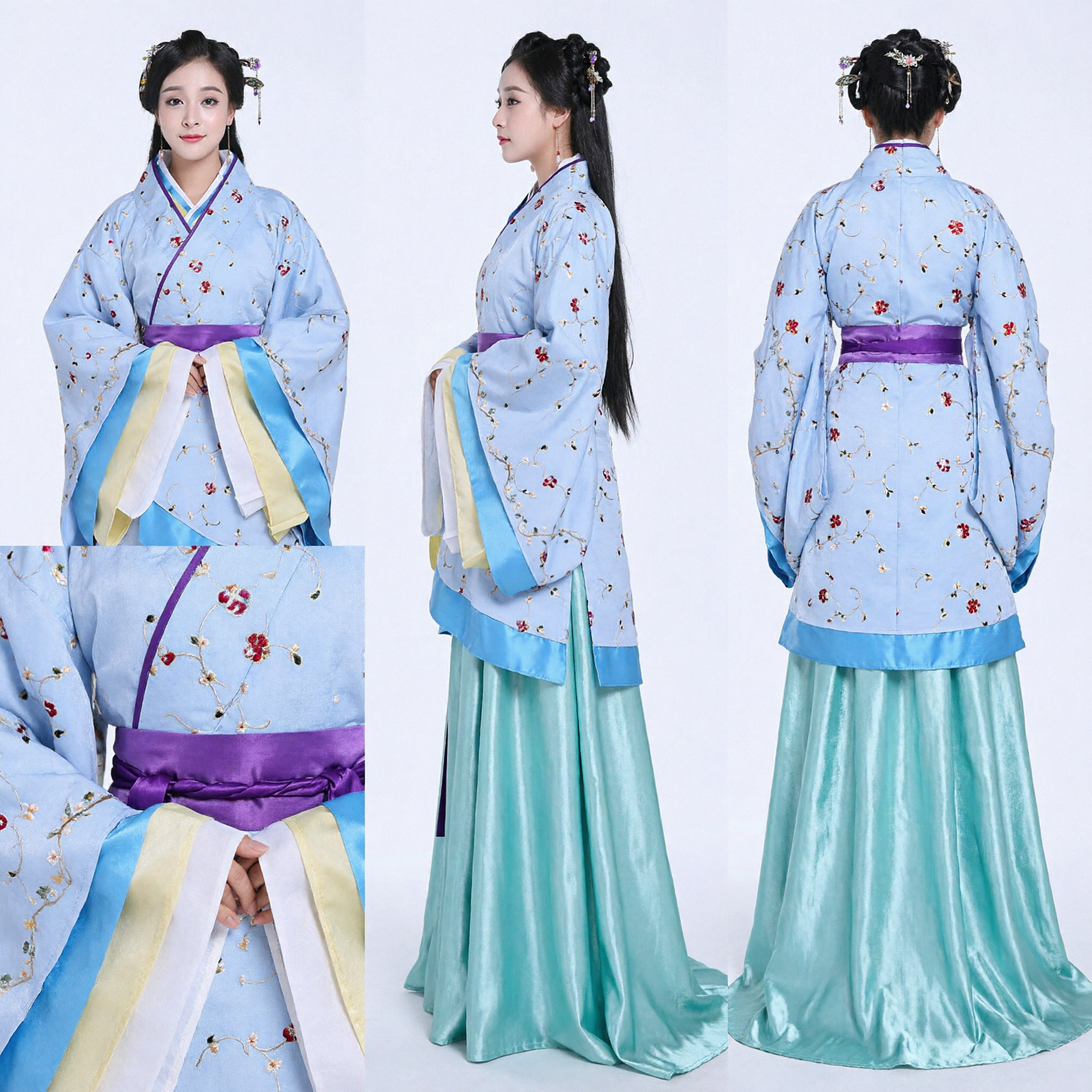 Elegant Light Blue Hanfu Traditional Chinese Costume Women Ancient Floral Embroidery Dress for Performance and Cosplay - Asian Costume