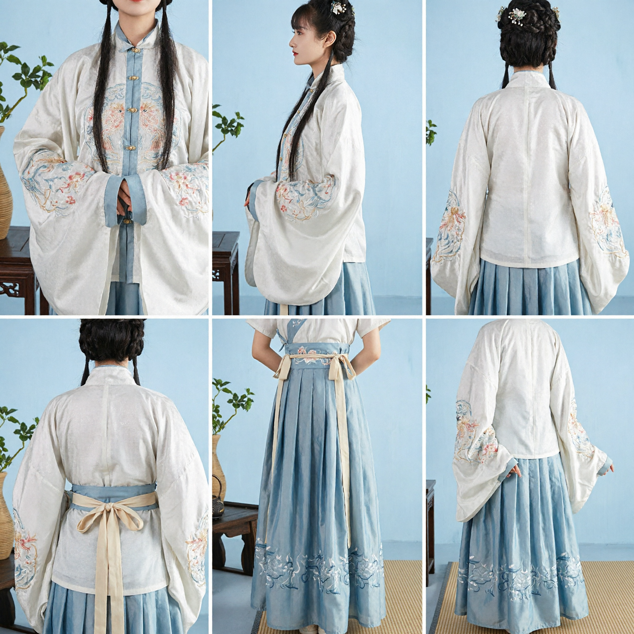 Traditional Chinese Hanfu Ming Dynasty Costume Women's White Top Blue Embroidered Skirt Set Ancient Clothing - Asian Costume