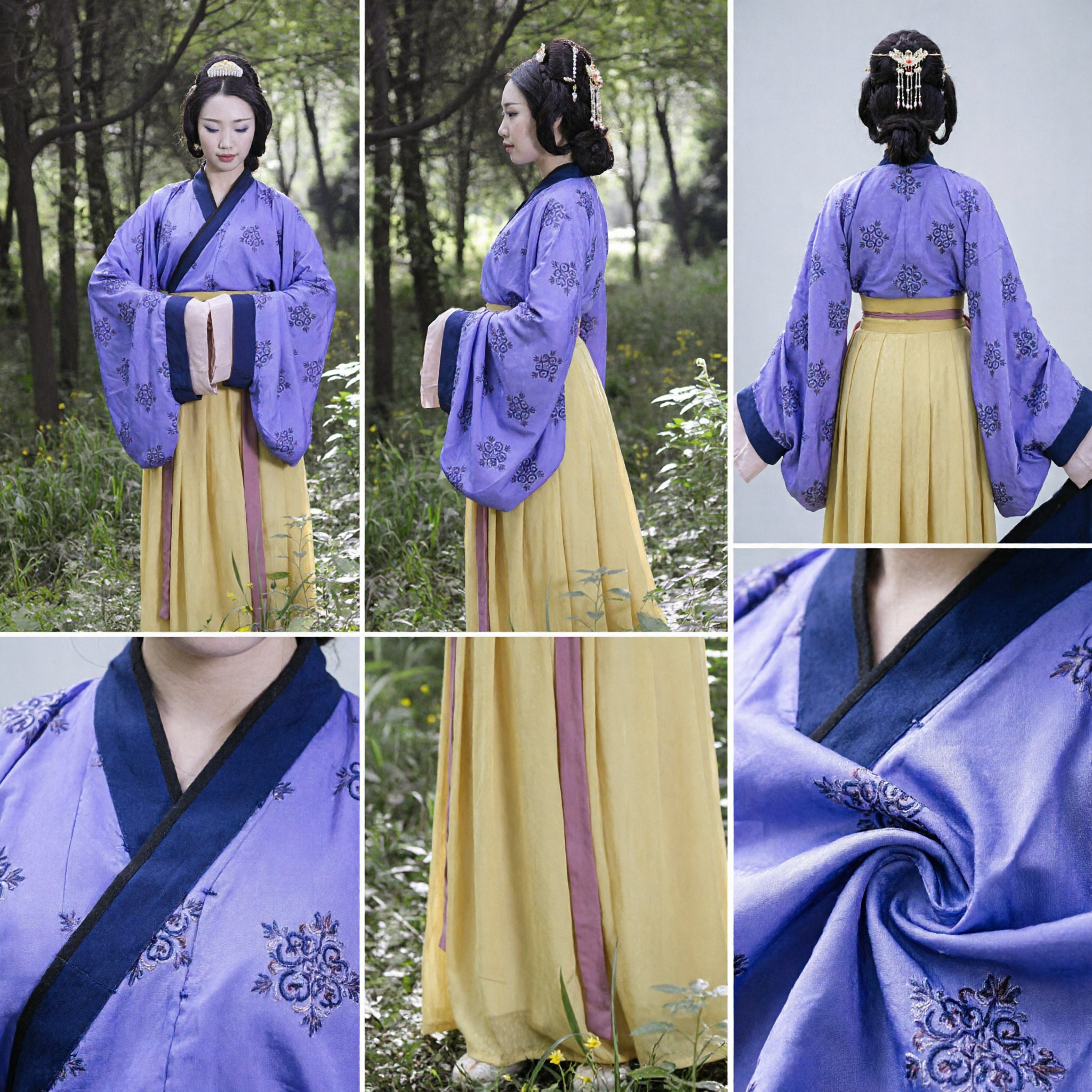 Traditional Chinese Hanfu Costume Purple Cross-Collar Top and Yellow Skirt Set for Women Ancient History Cosplay - Asian Costume