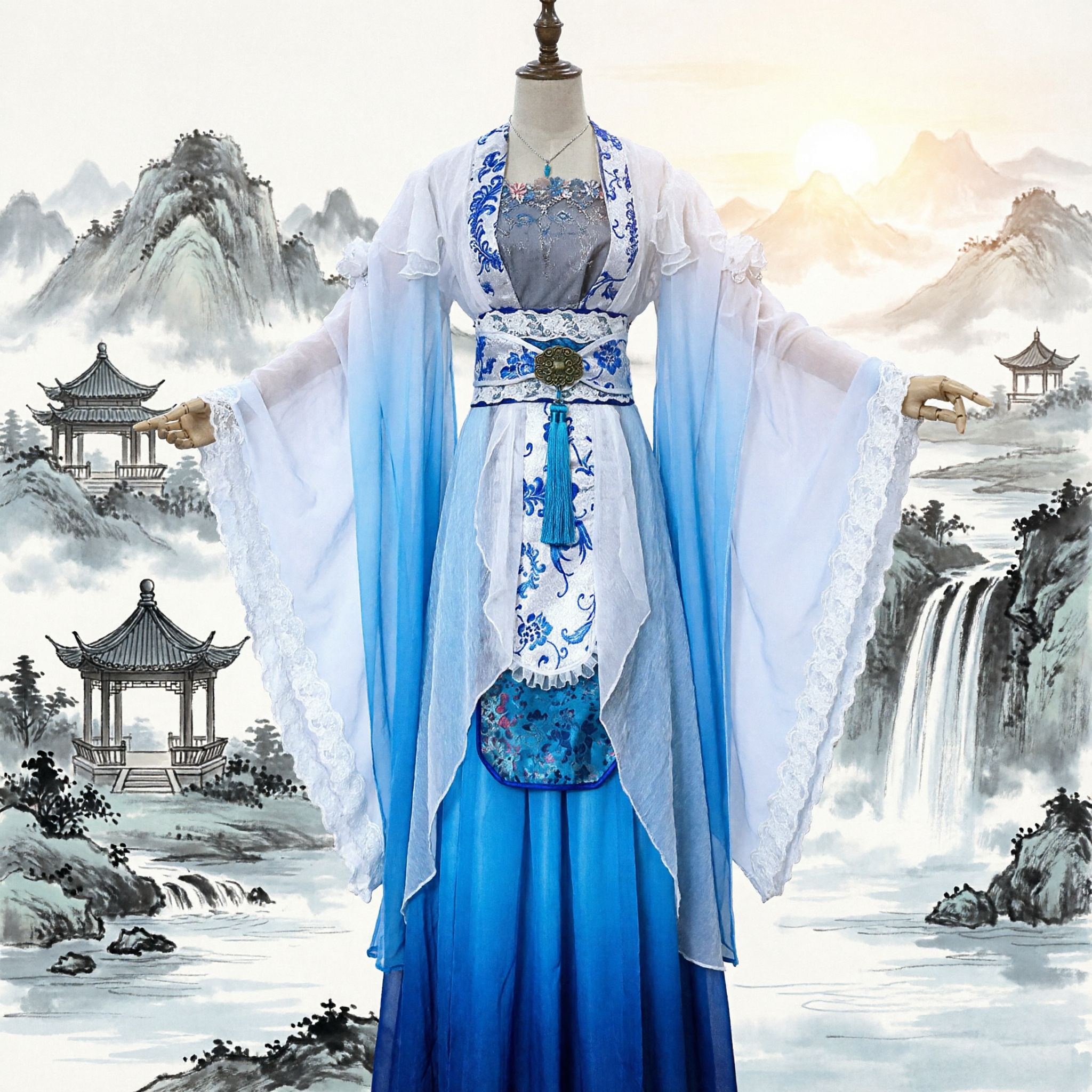 Traditional Chinese Hanfu Blue and White Gradient Embroidered Fairy Dress Tang Dynasty Style Costume for Women - Asian Costume