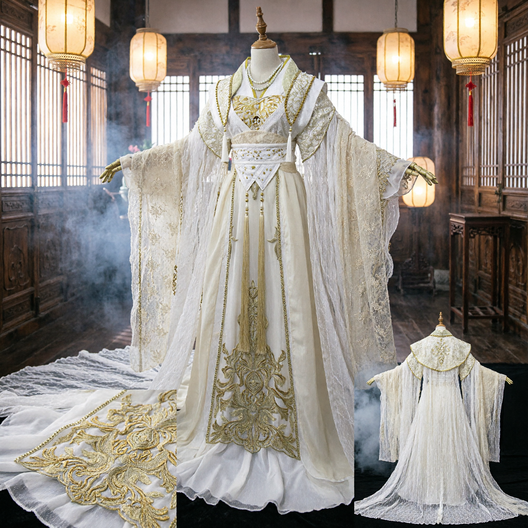 Traditional Chinese Hanfu White and Gold Ancient Fairy Costume for Women Historical Cosplay Performance - Asian Costume