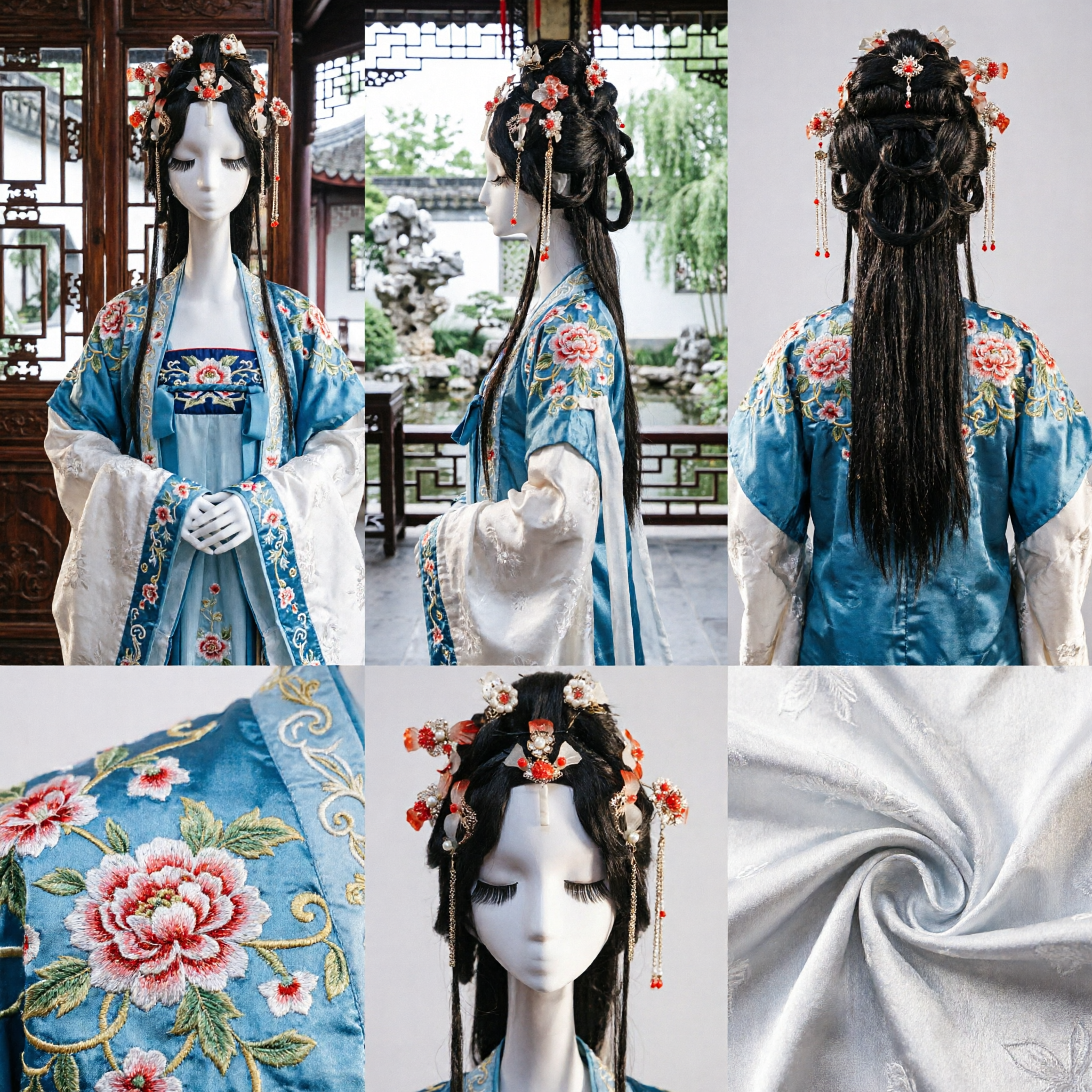 Traditional Chinese Ancient Fairy Wig Set with Red Floral Hairpins for Hanfu Cosplay and Stage Performance - Asian Costume
