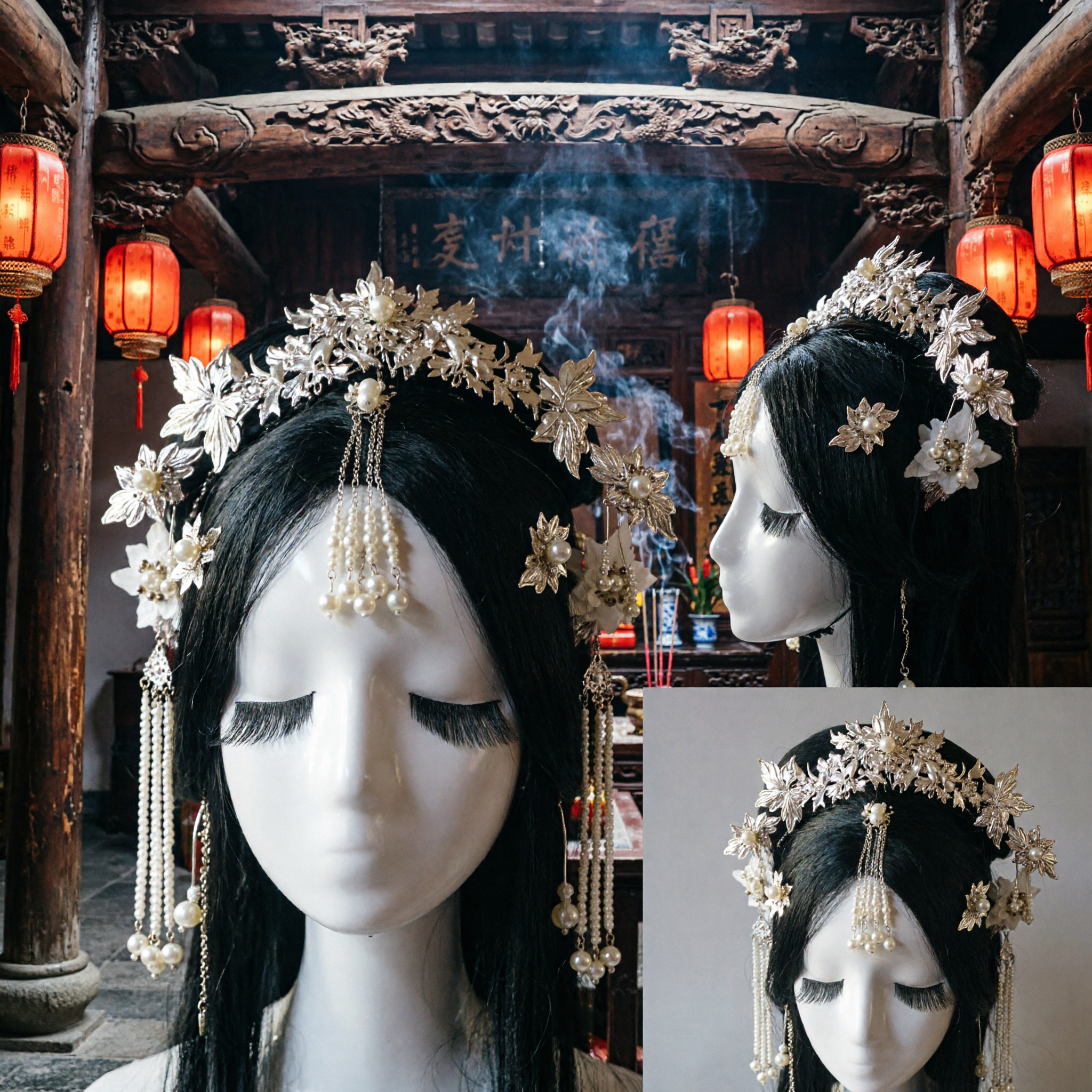 Traditional Chinese Gold Leaf Pearl Crown Hair Accessories Ancient Hanfu Bridal Wedding Headpiece for Women - Asian Costume