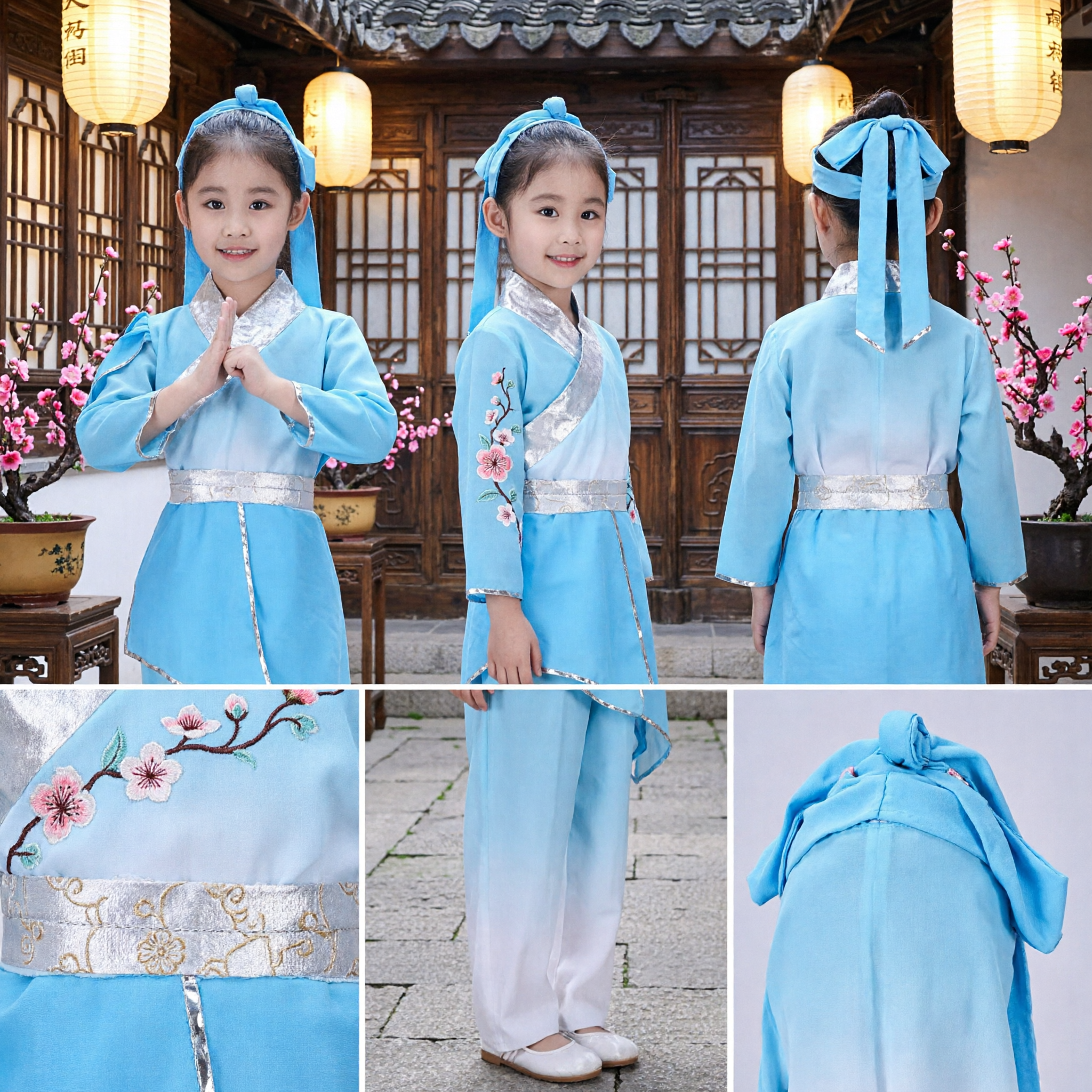 Blue Chinese Traditional Martial Arts Costume for Kids Girls Ancient Hanfu Dance Performance Outfit - Asian Costume