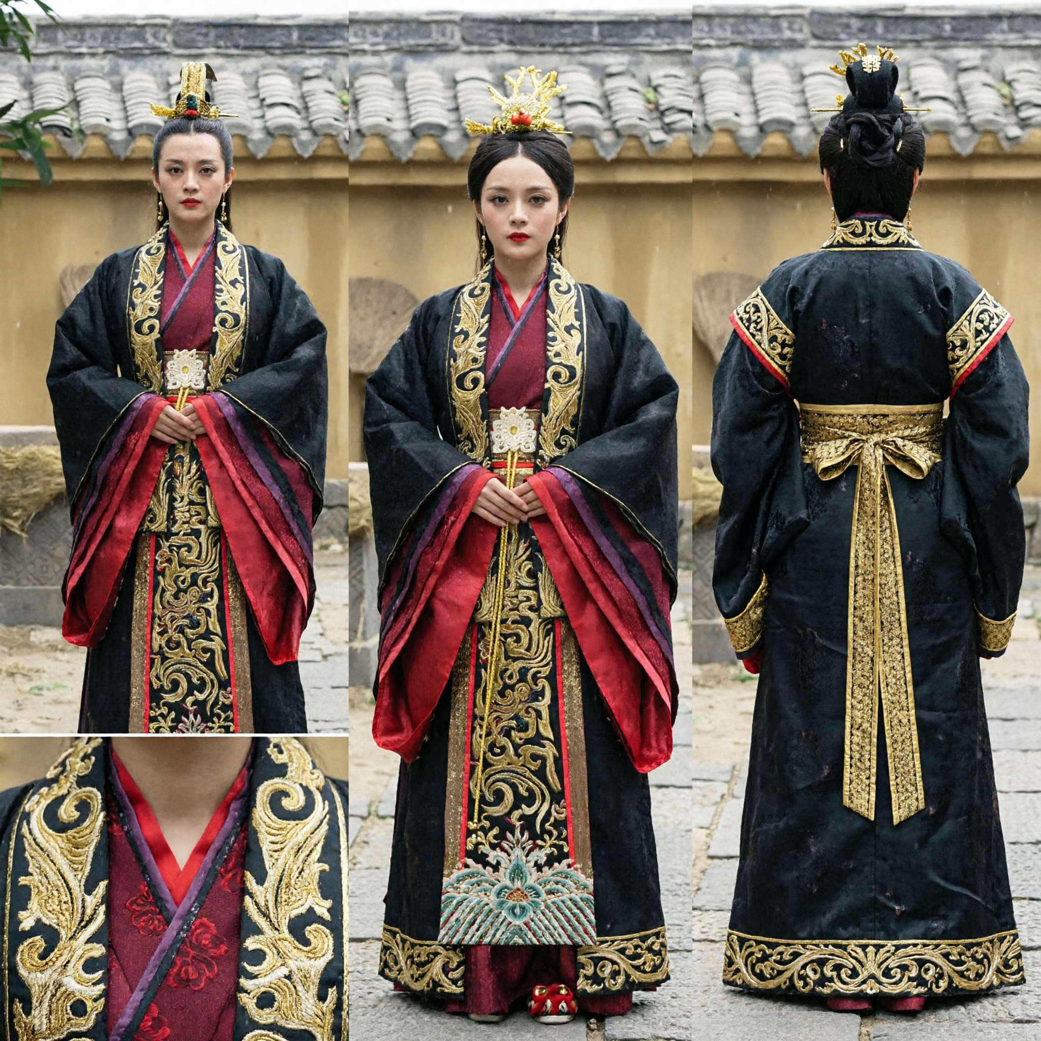 Traditional Chinese Warring States Empress Hanfu Costume Black Robe with Gold Embroidery for Women Historical Cosplay and Performance - Asian Costume
