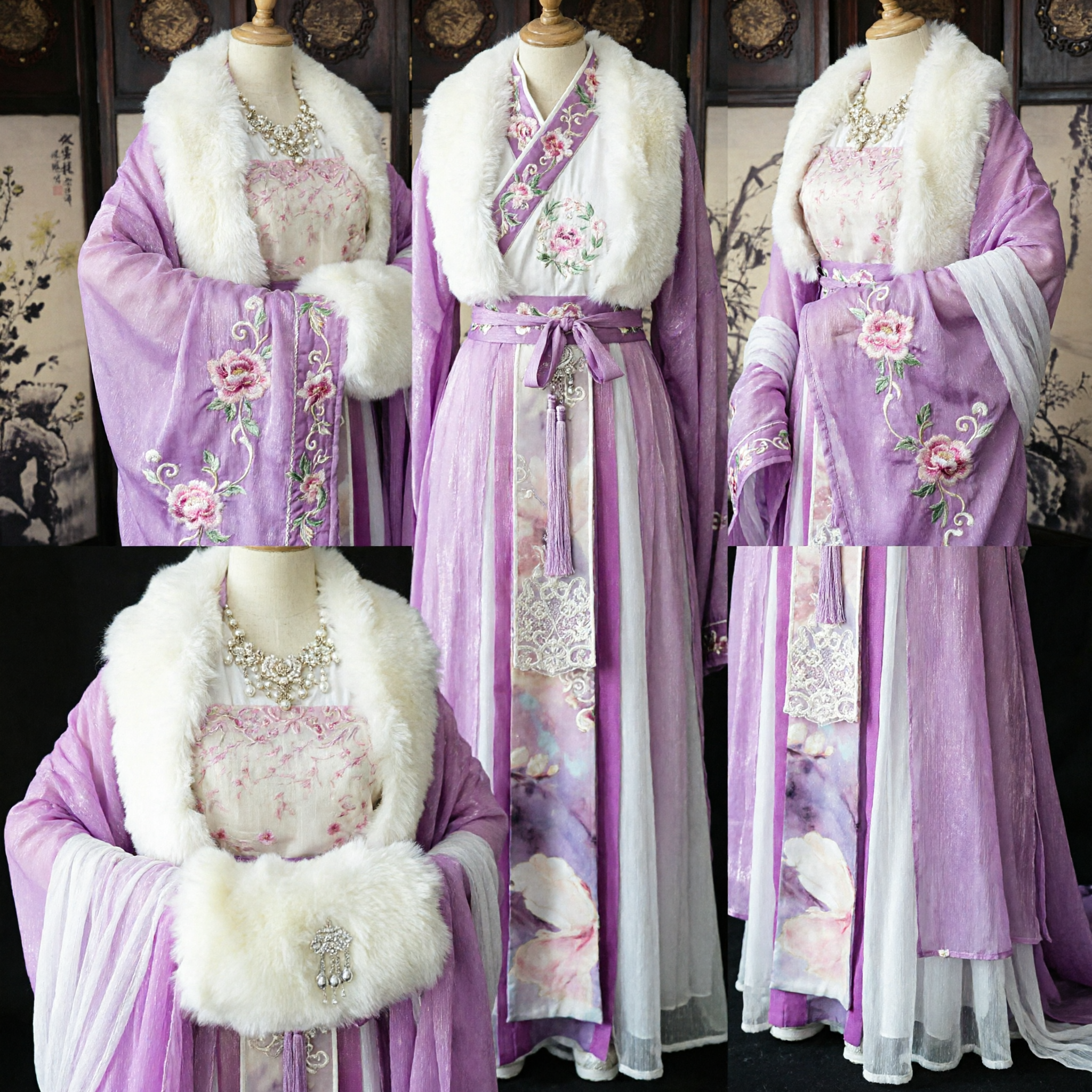Elegant Purple Ancient Chinese Hanfu Traditional Costume for Women Princess Cosplay Winter Dress with White Fur - Asian Costume